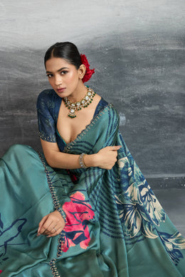 Timeless Blue Satin Silk Saree with Digital Prints