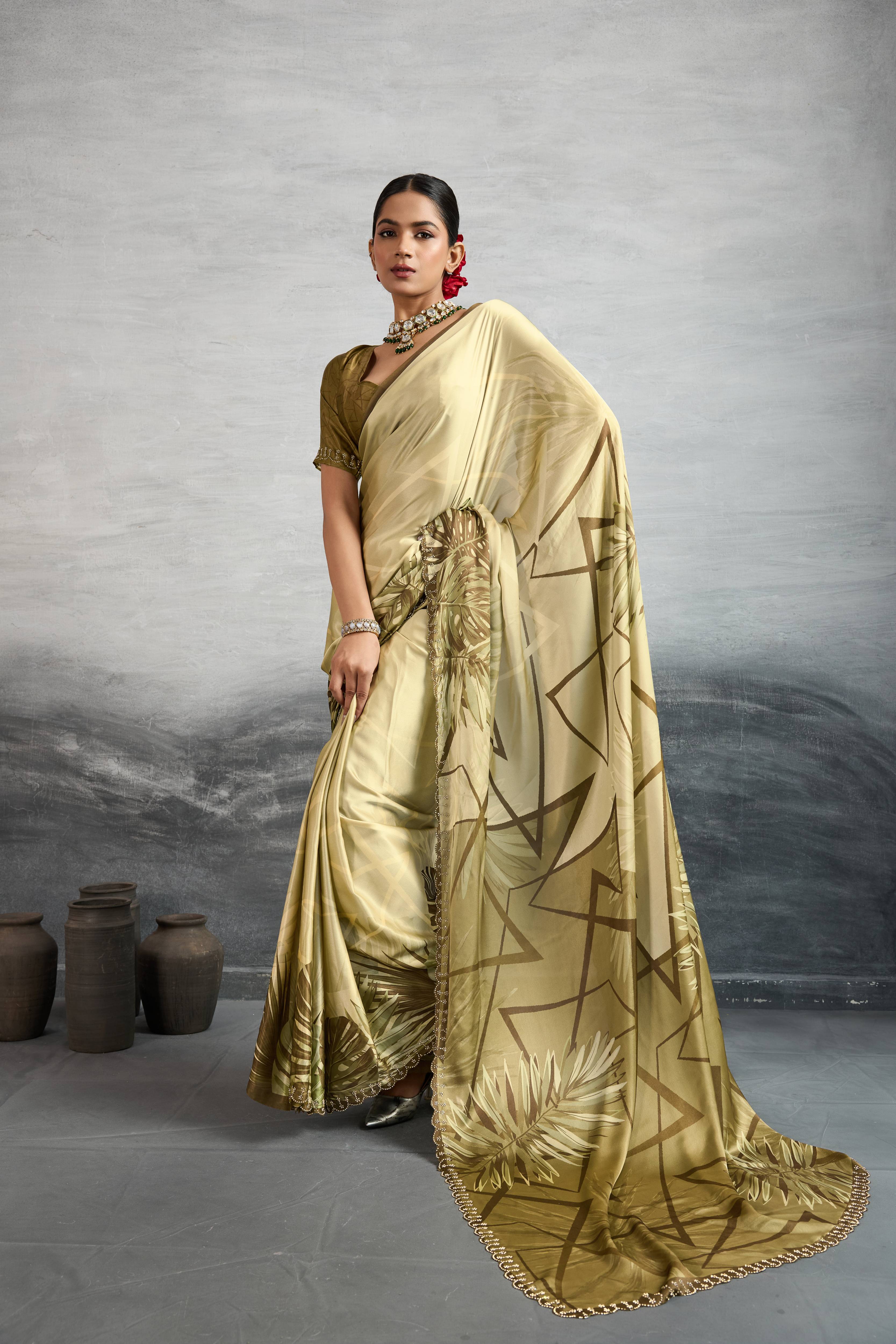 Charming Mustard Satin Silk Saree with Digital Prints sedoracouture