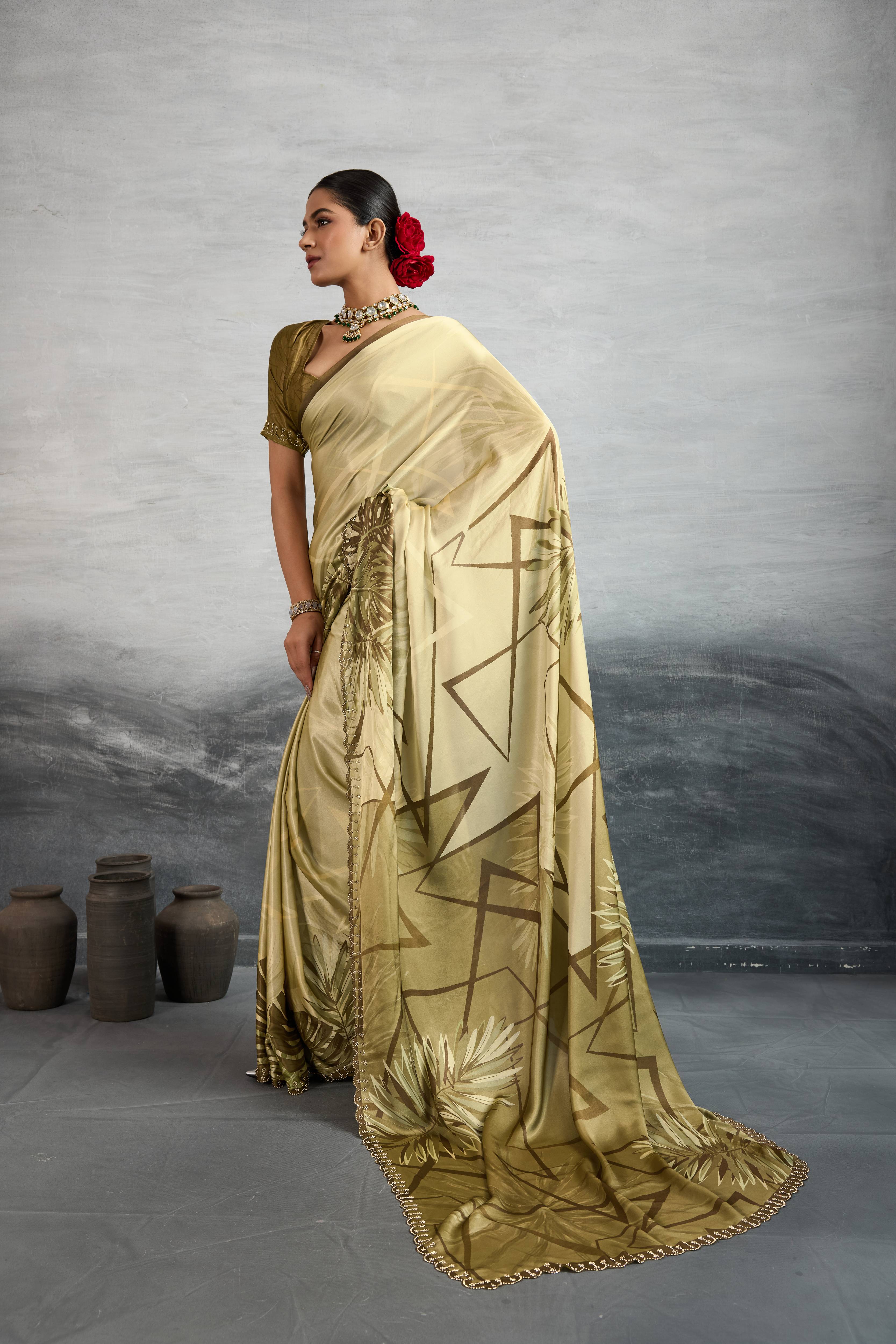 Charming Mustard Satin Silk Saree with Digital Prints sedoracouture