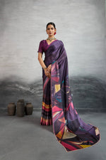 Majestic Purple Satin Silk Saree with Digital Prints sedoracouture