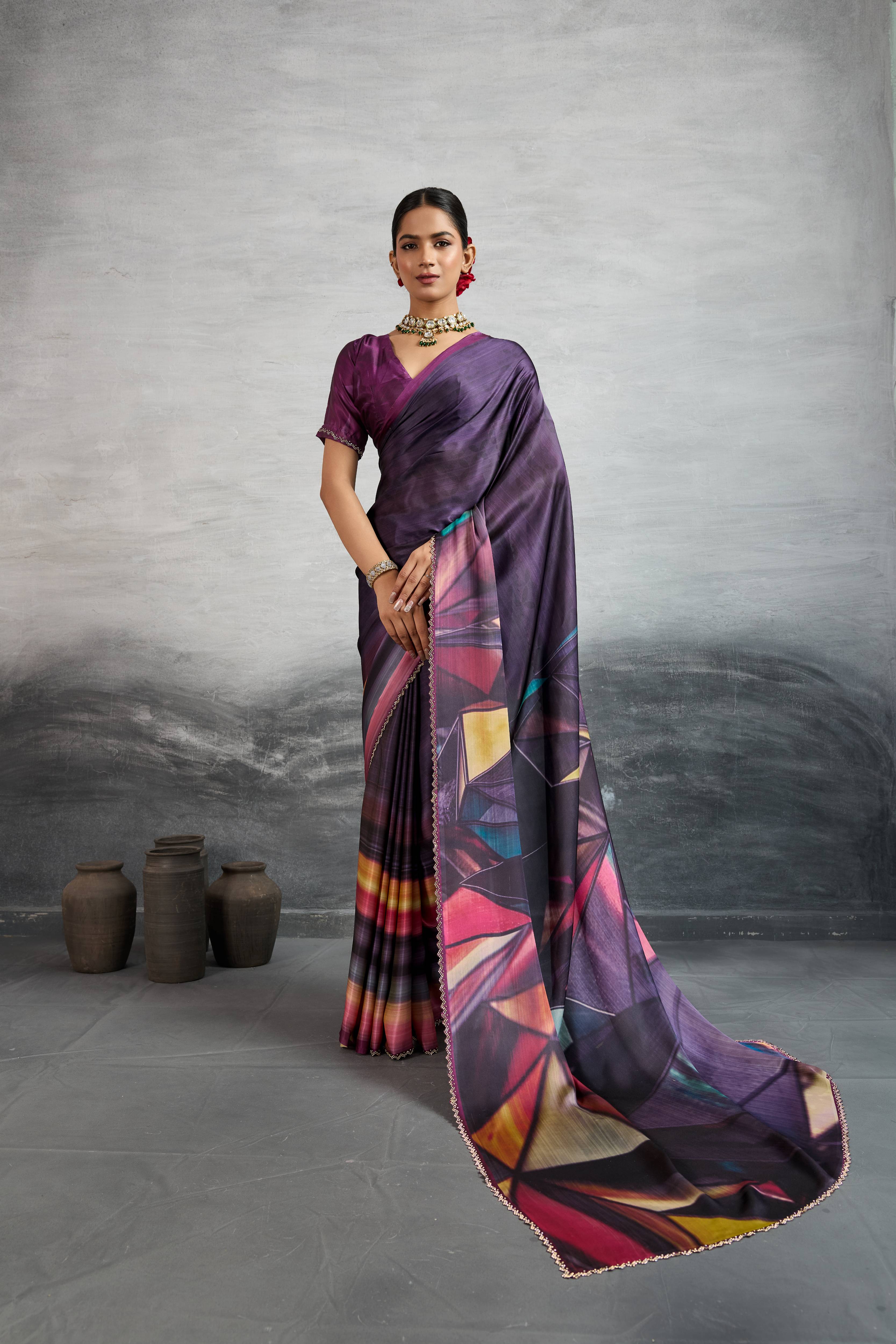 Majestic Purple Satin Silk Saree with Digital Prints sedoracouture