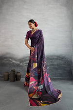 Majestic Purple Satin Silk Saree with Digital Prints sedoracouture