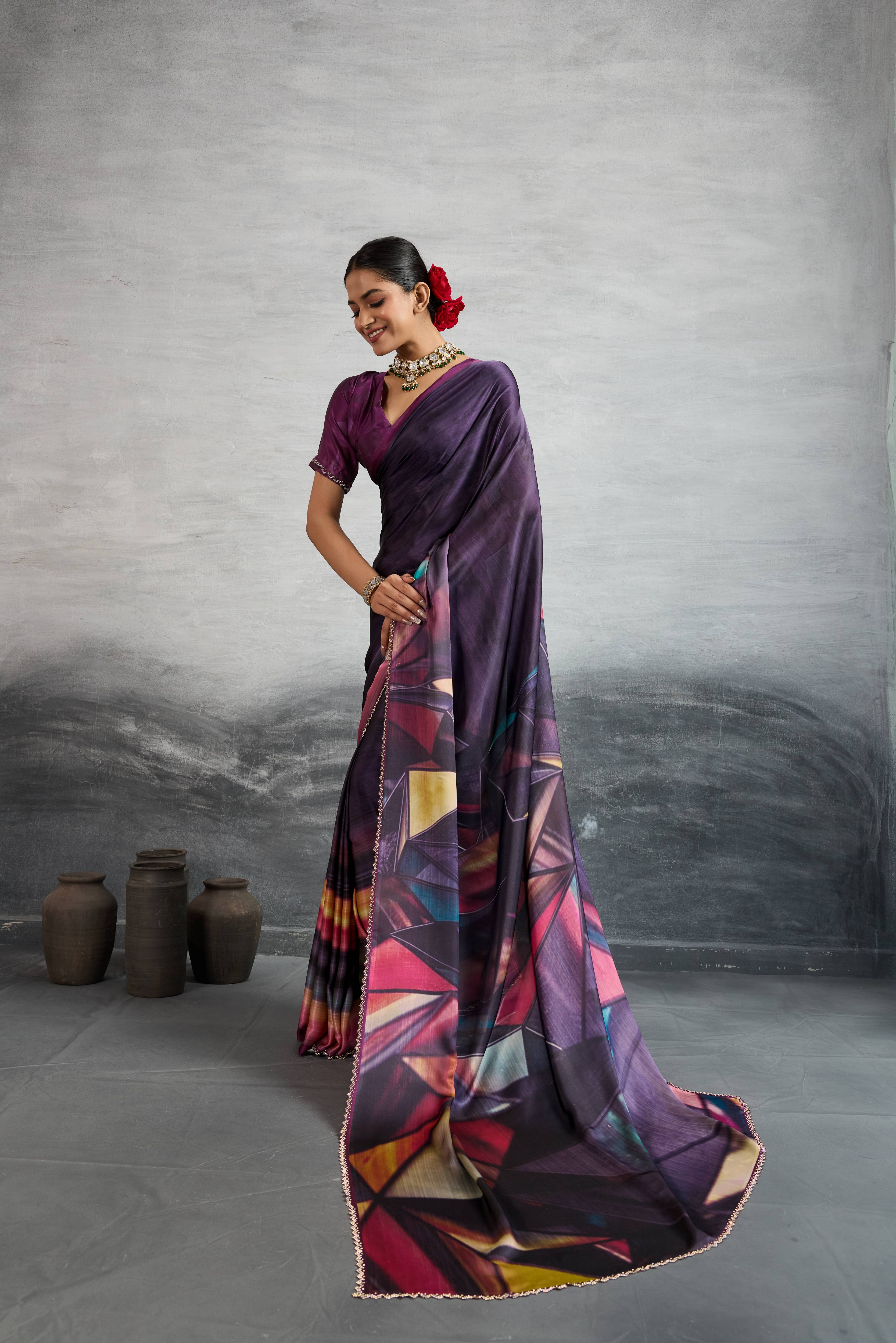 Majestic Purple Satin Silk Saree with Digital Prints sedoracouture