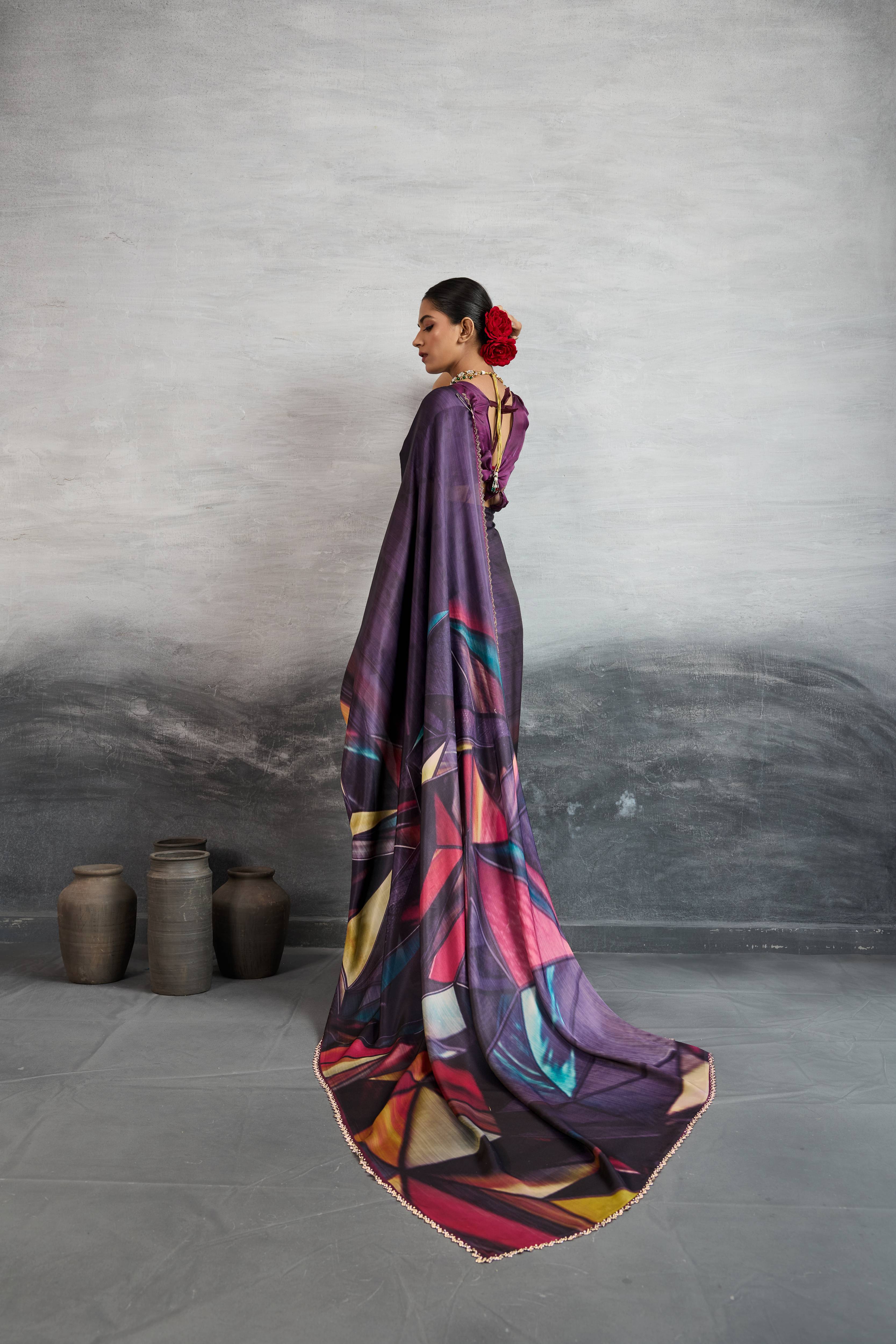 Majestic Purple Satin Silk Saree with Digital Prints sedoracouture