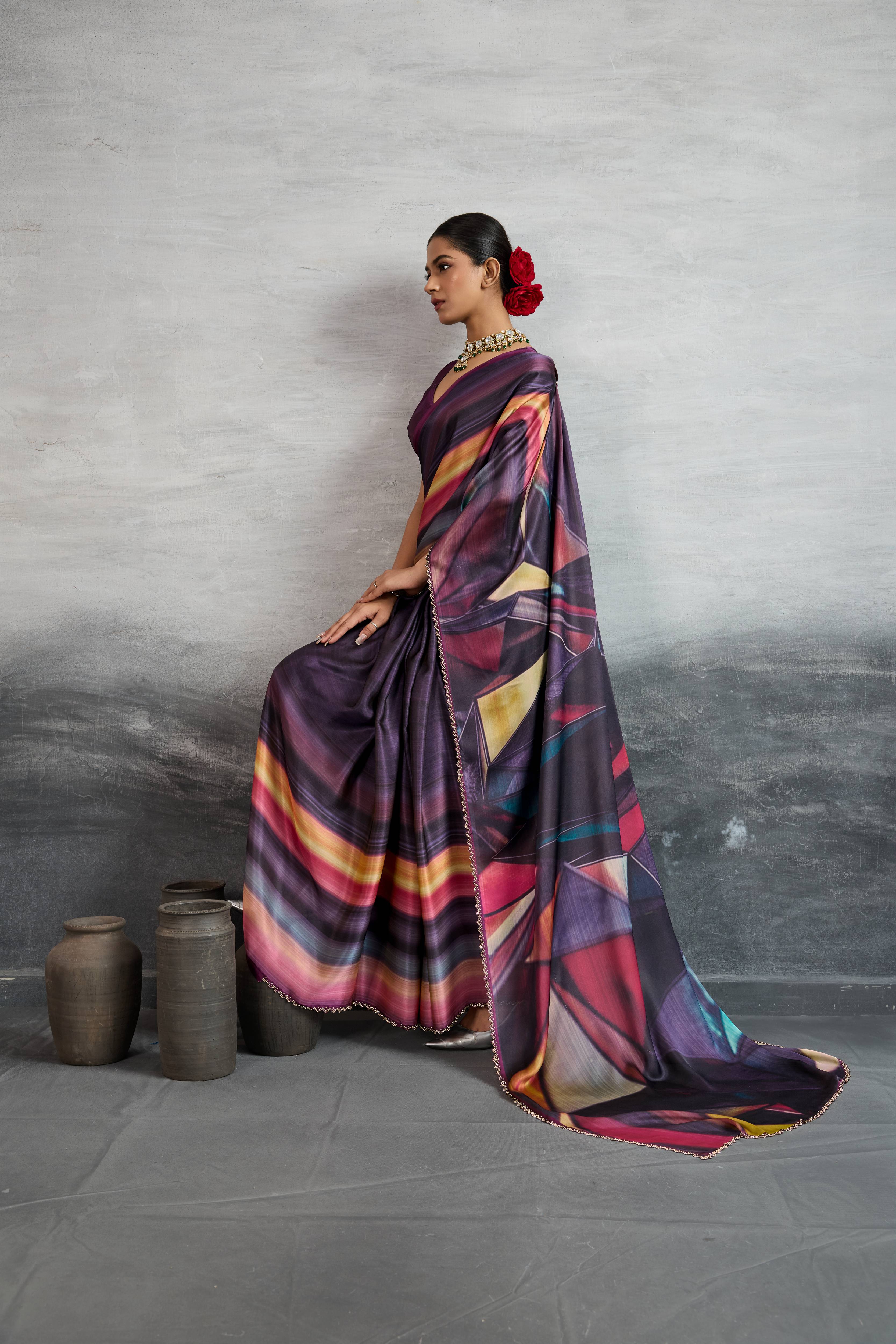 Majestic Purple Satin Silk Saree with Digital Prints sedoracouture