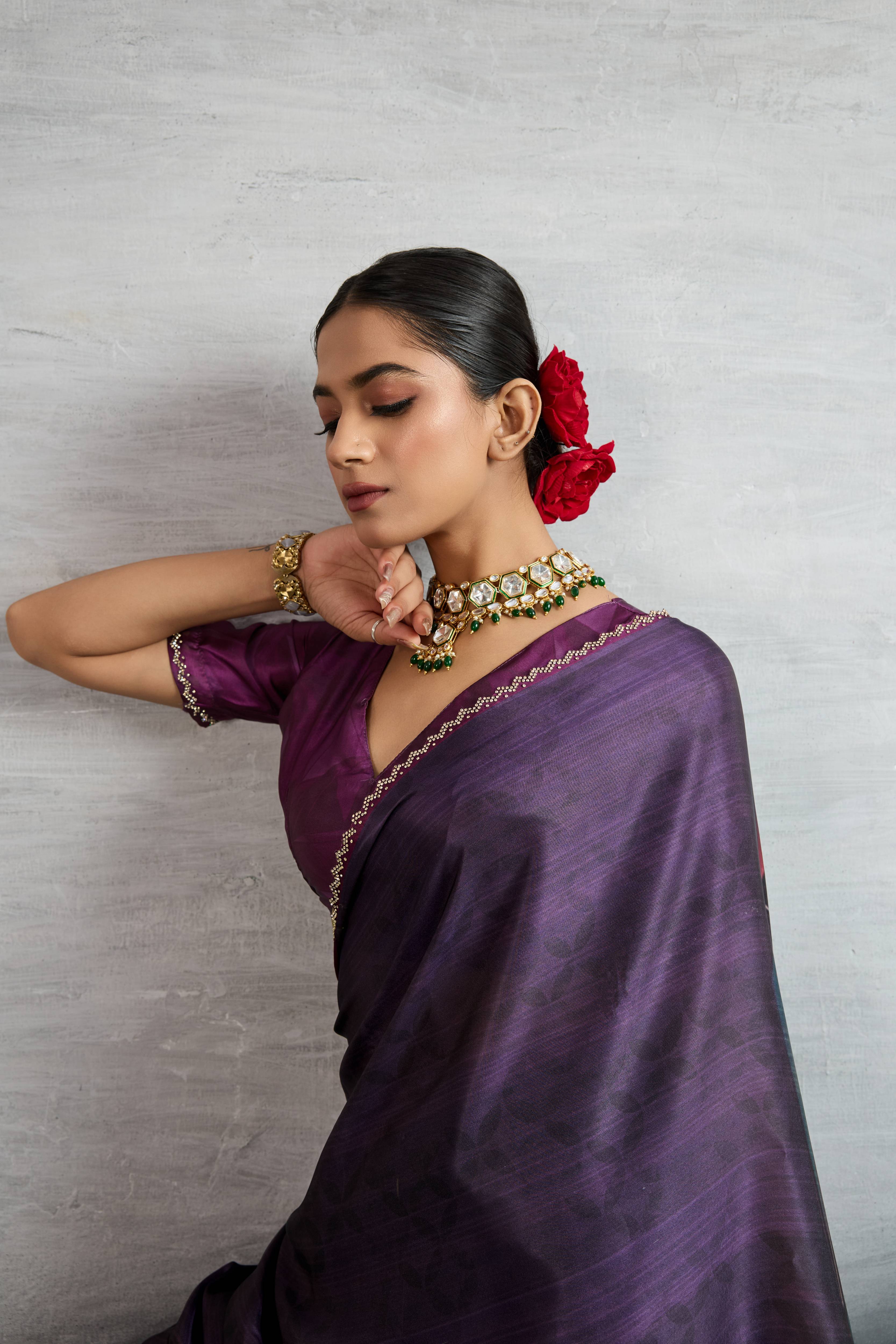Majestic Purple Satin Silk Saree with Digital Prints sedoracouture