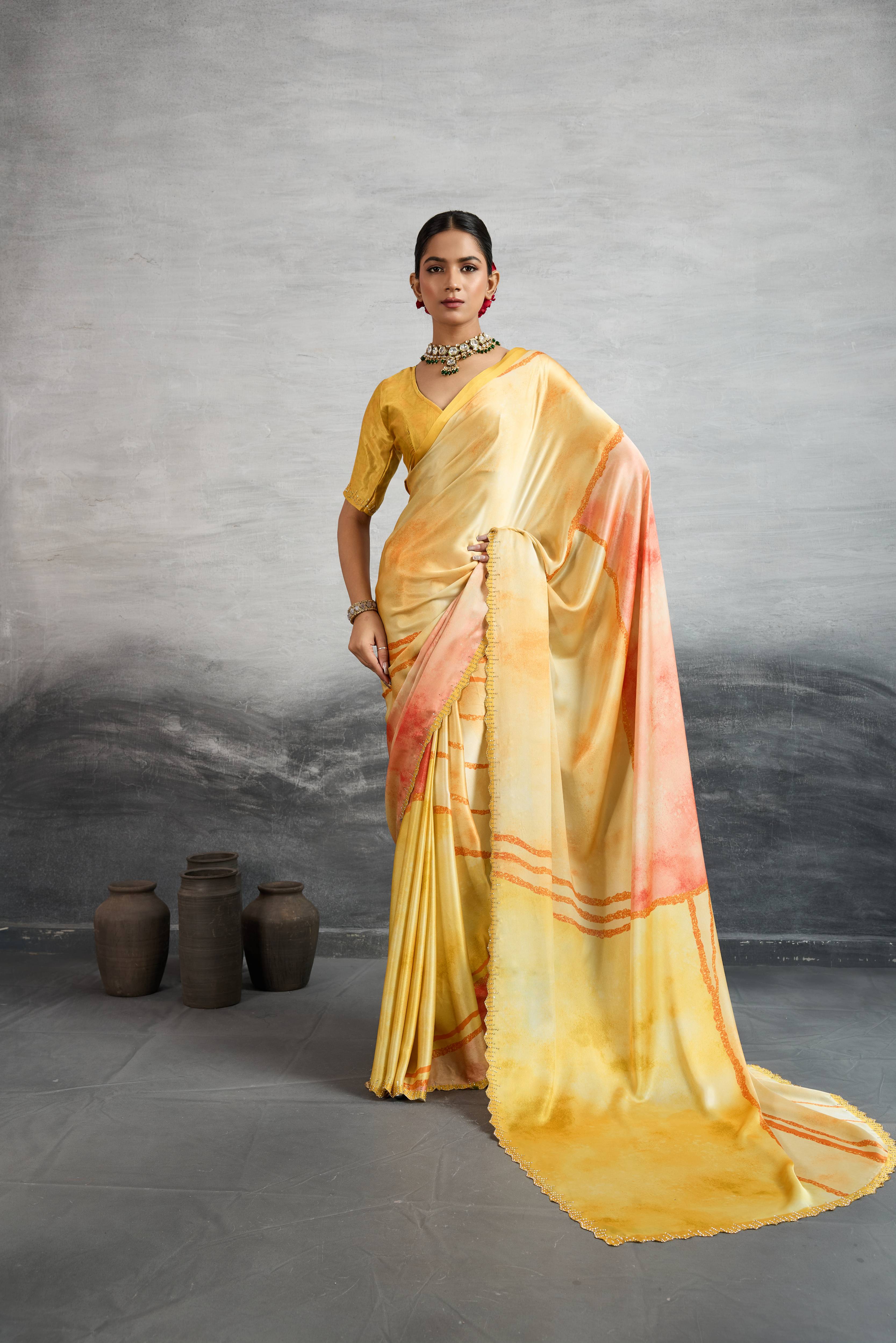 Sunlit Yellow Satin Silk Saree with Digital Prints sedoracouture