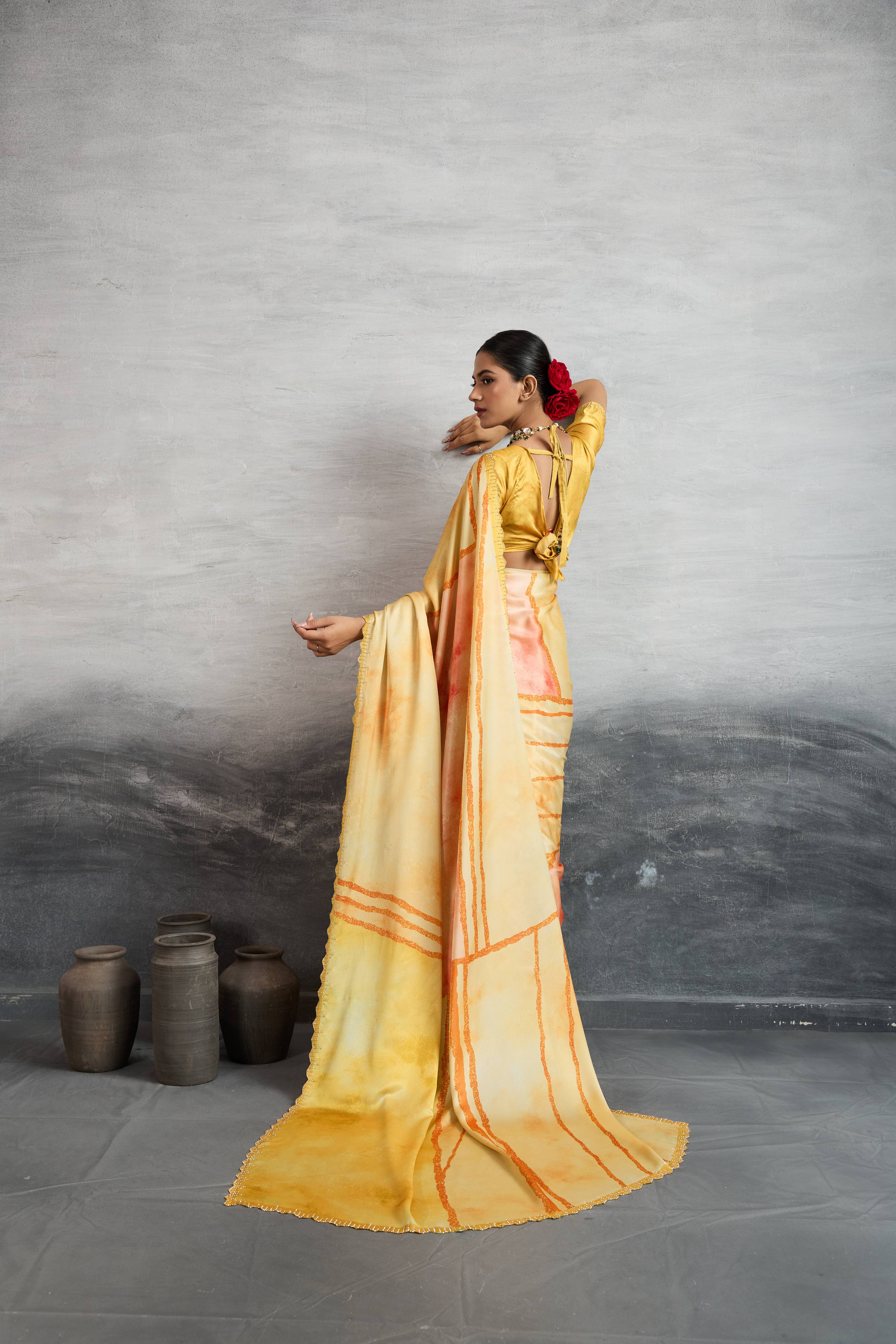 Sunlit Yellow Satin Silk Saree with Digital Prints sedoracouture