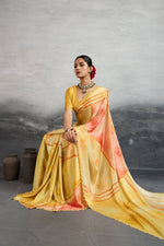 Sunlit Yellow Satin Silk Saree with Digital Prints sedoracouture