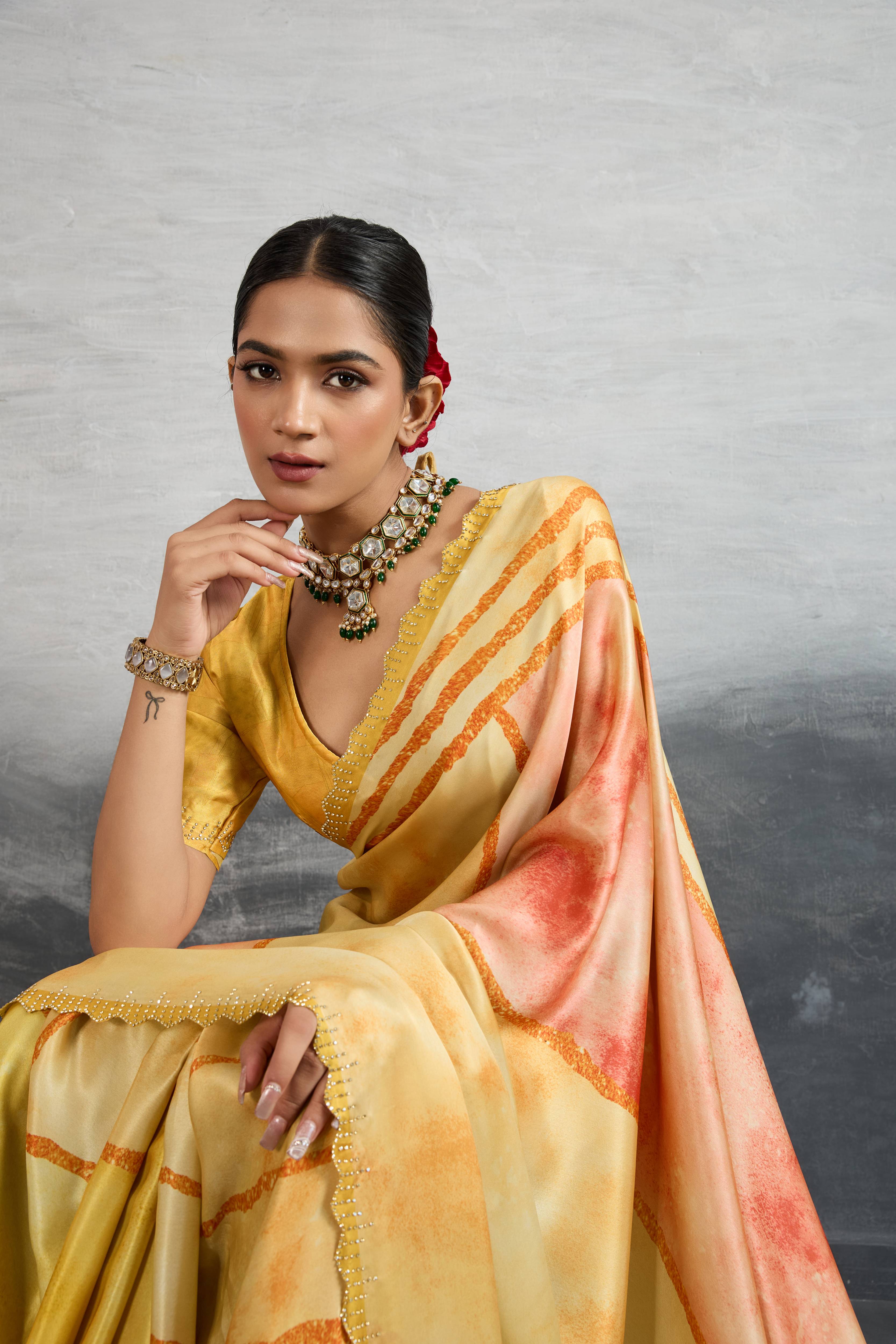 Sunlit Yellow Satin Silk Saree with Digital Prints