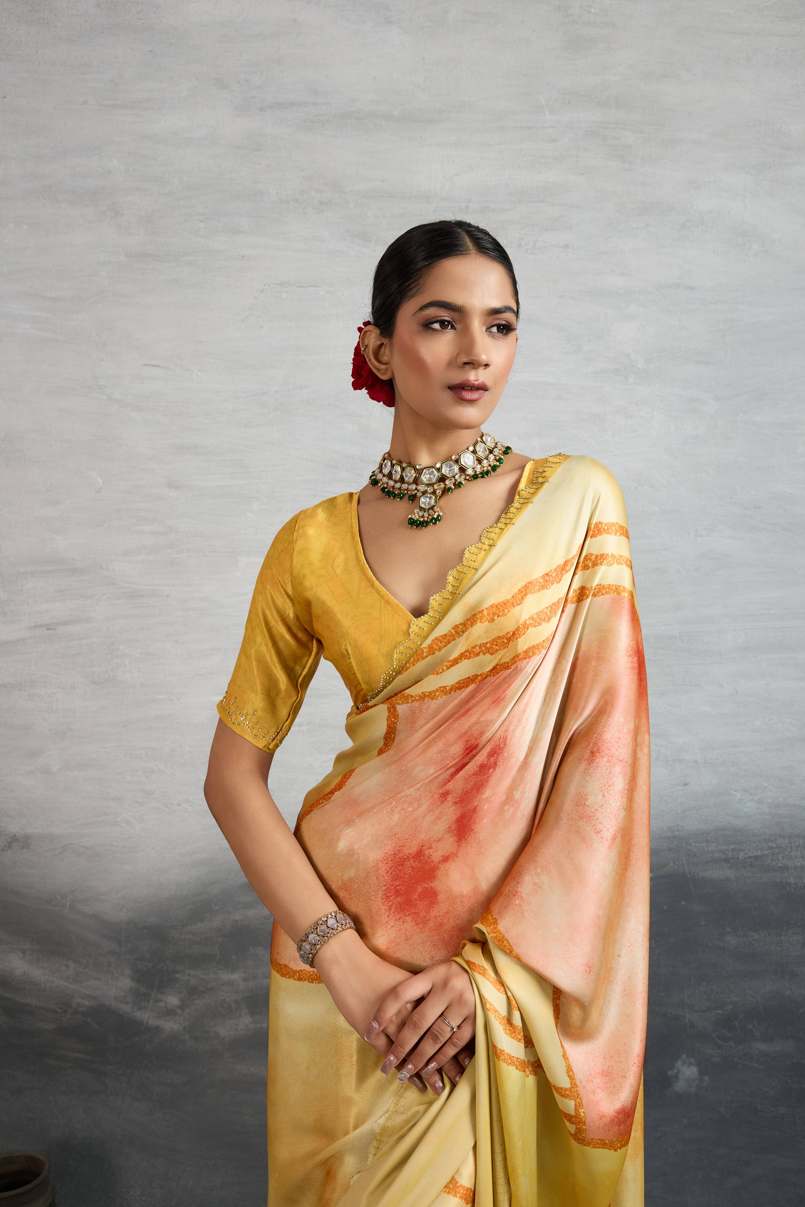 Sunlit Yellow Satin Silk Saree with Digital Prints