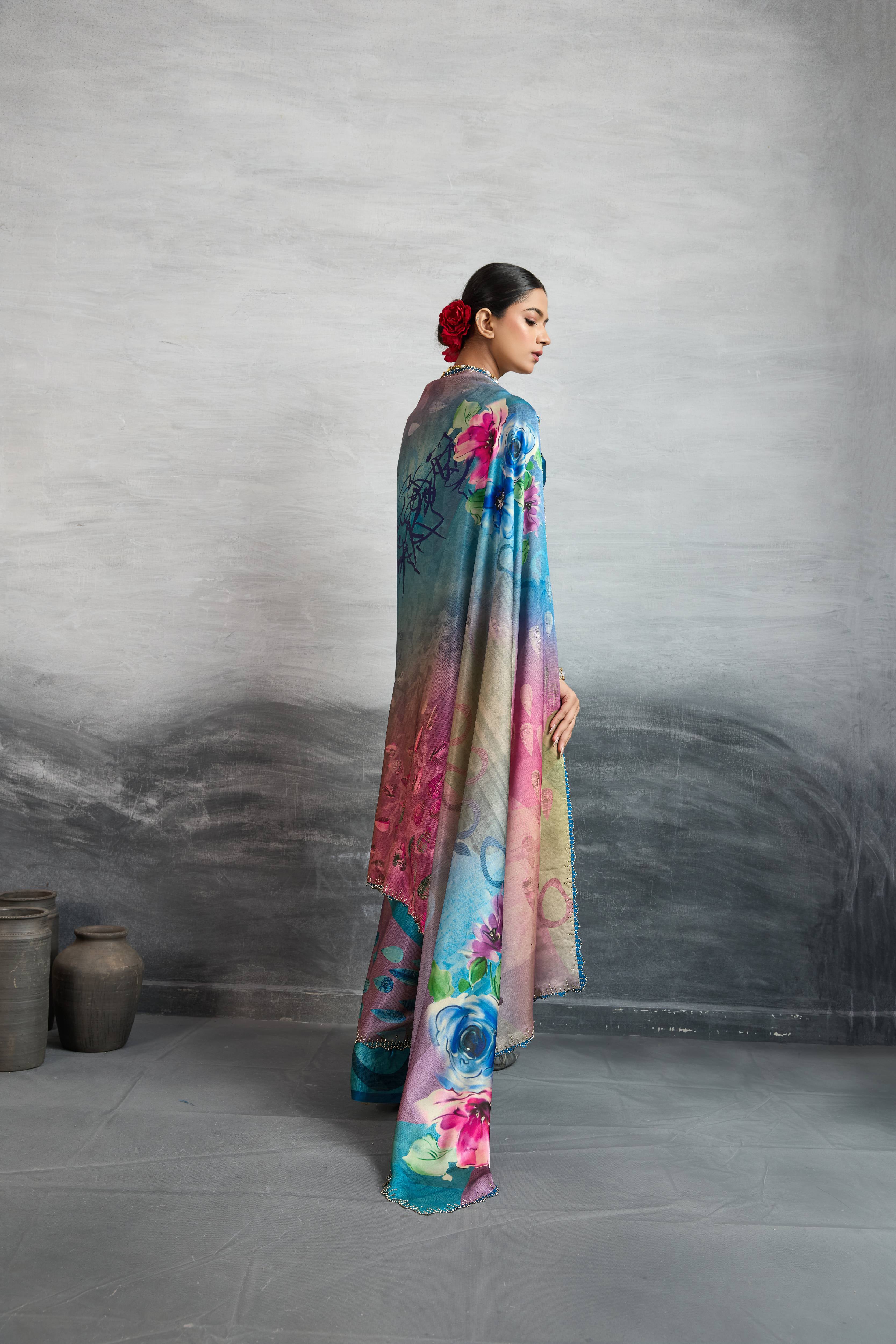 Chic Blue Satin Silk Saree with Digital Print sedoracouture