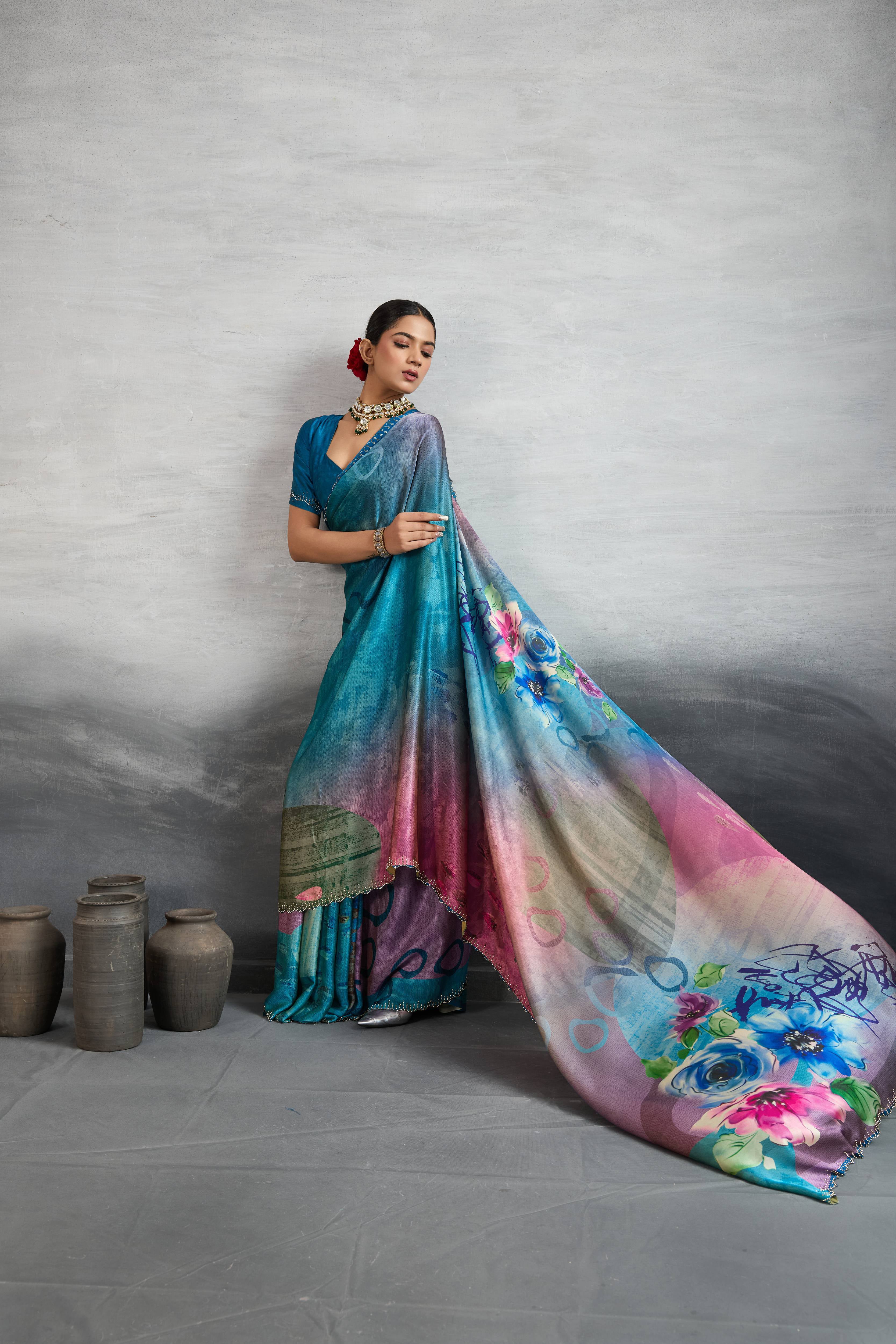 Chic Blue Satin Silk Saree with Digital Print