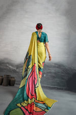 Graceful Yellow Satin Silk Saree with Digital Prints sedoracouture