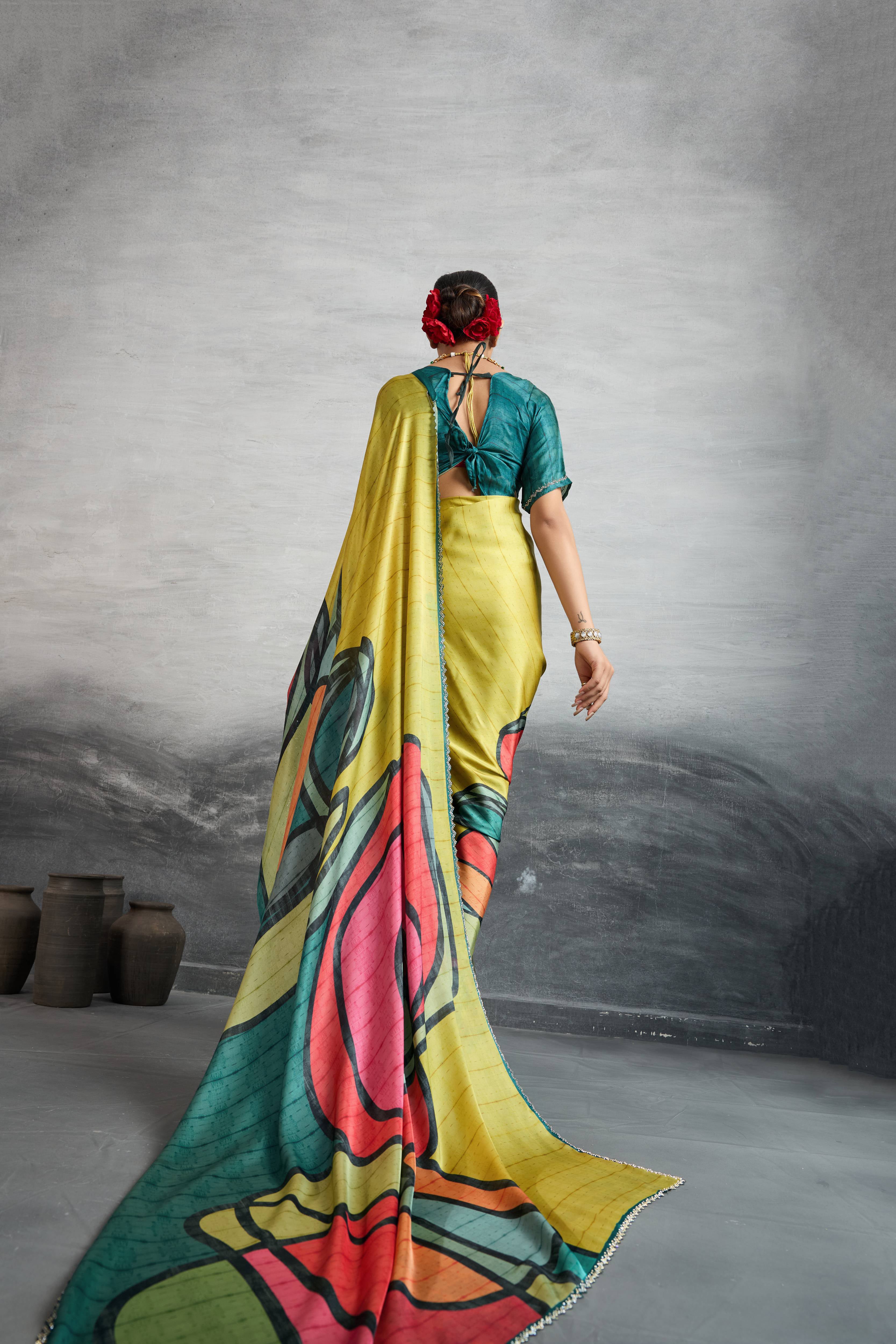 Graceful Yellow Satin Silk Saree with Digital Prints sedoracouture