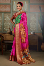 Pink & Green Bandhani Jacquard Saree with Copper Zari Border sedoracouture