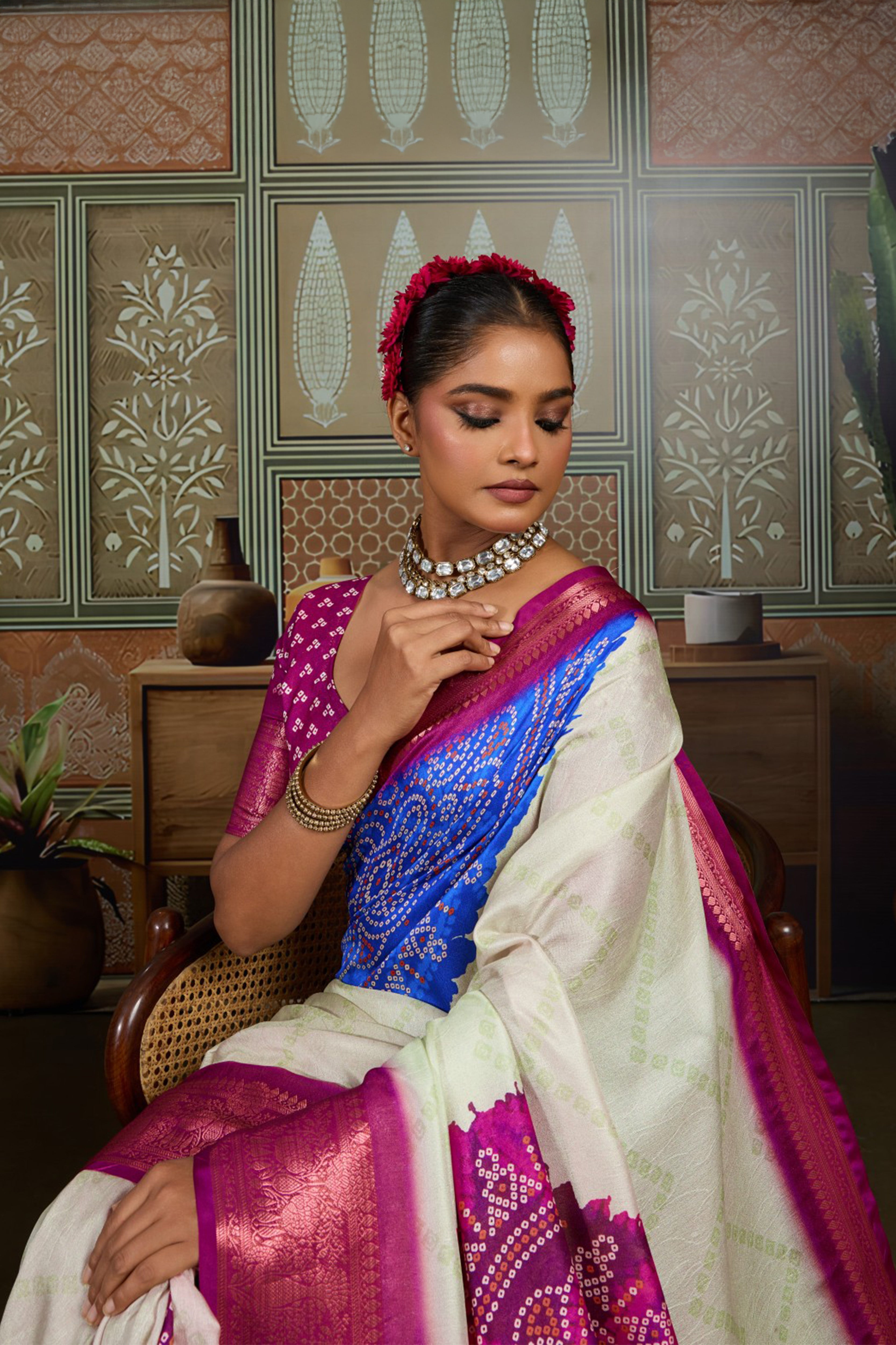 Cream White & Blue Bandhani Jacquard Saree with Pink Zari Border