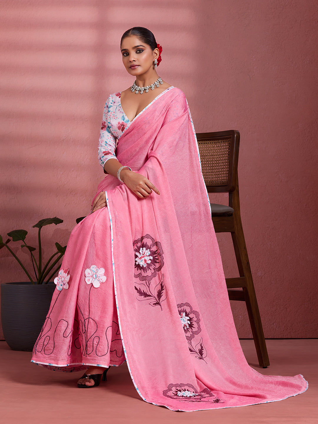Pink Georgette Floral Printed Saree