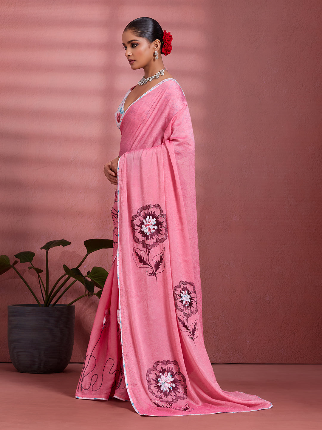 Pink Georgette Floral Printed Saree sedora couture