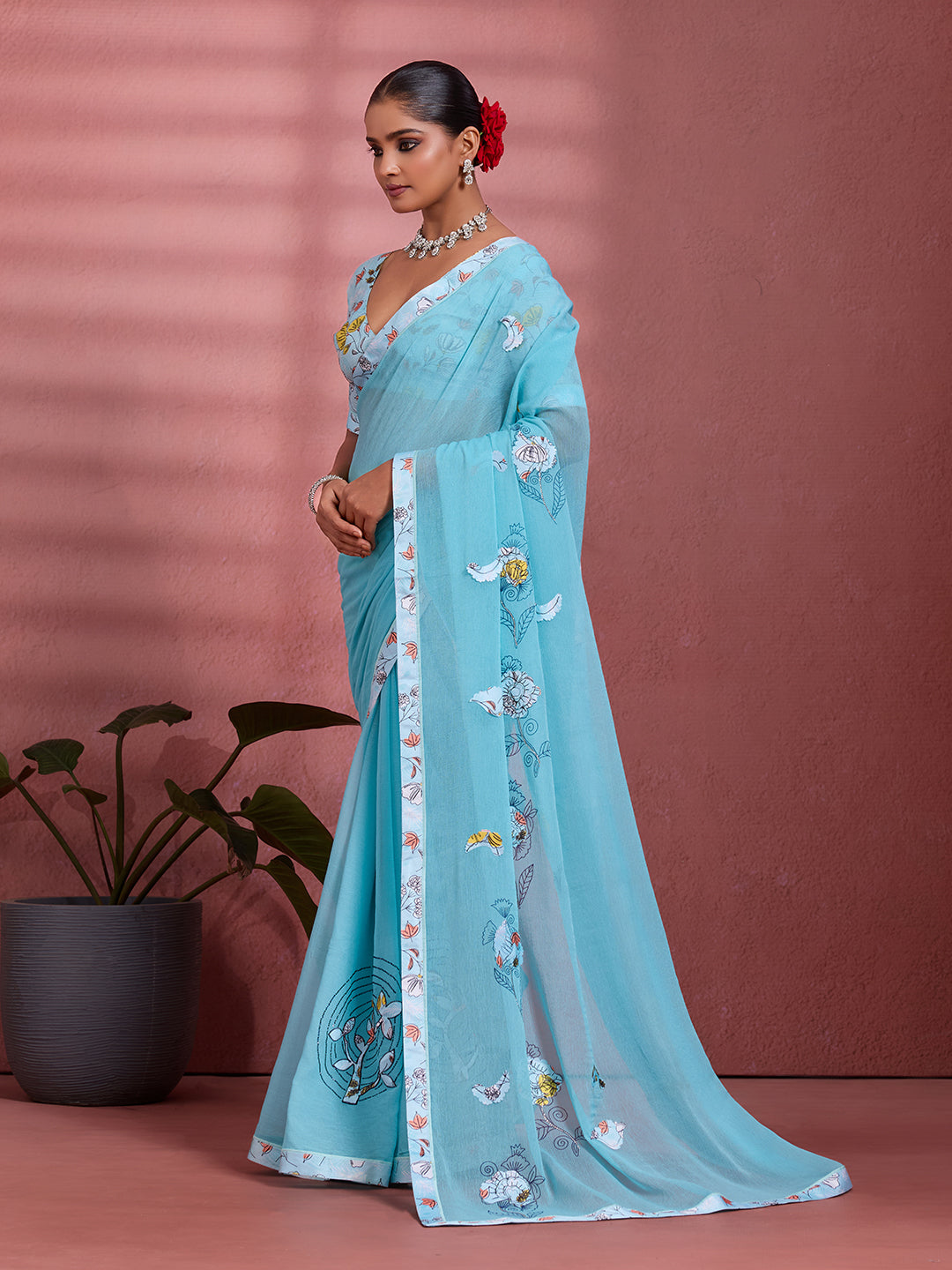 Blue Georgette Floral Printed Saree
