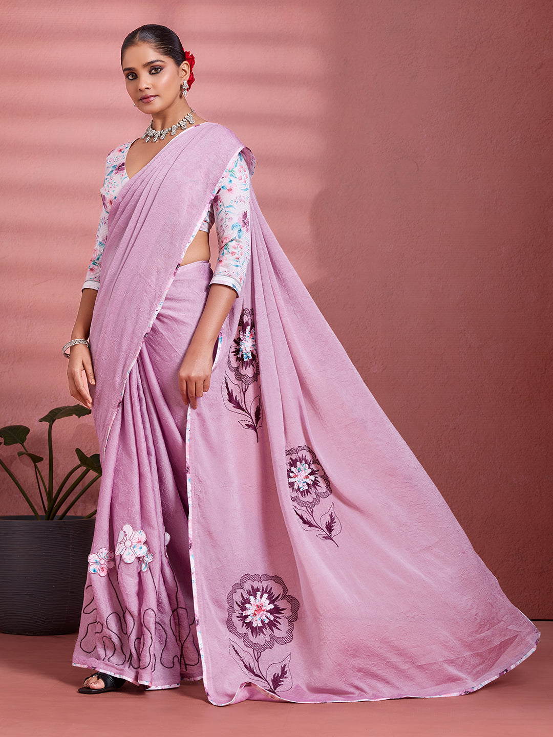 Lavender Georgette Floral Printed Saree sedora couture