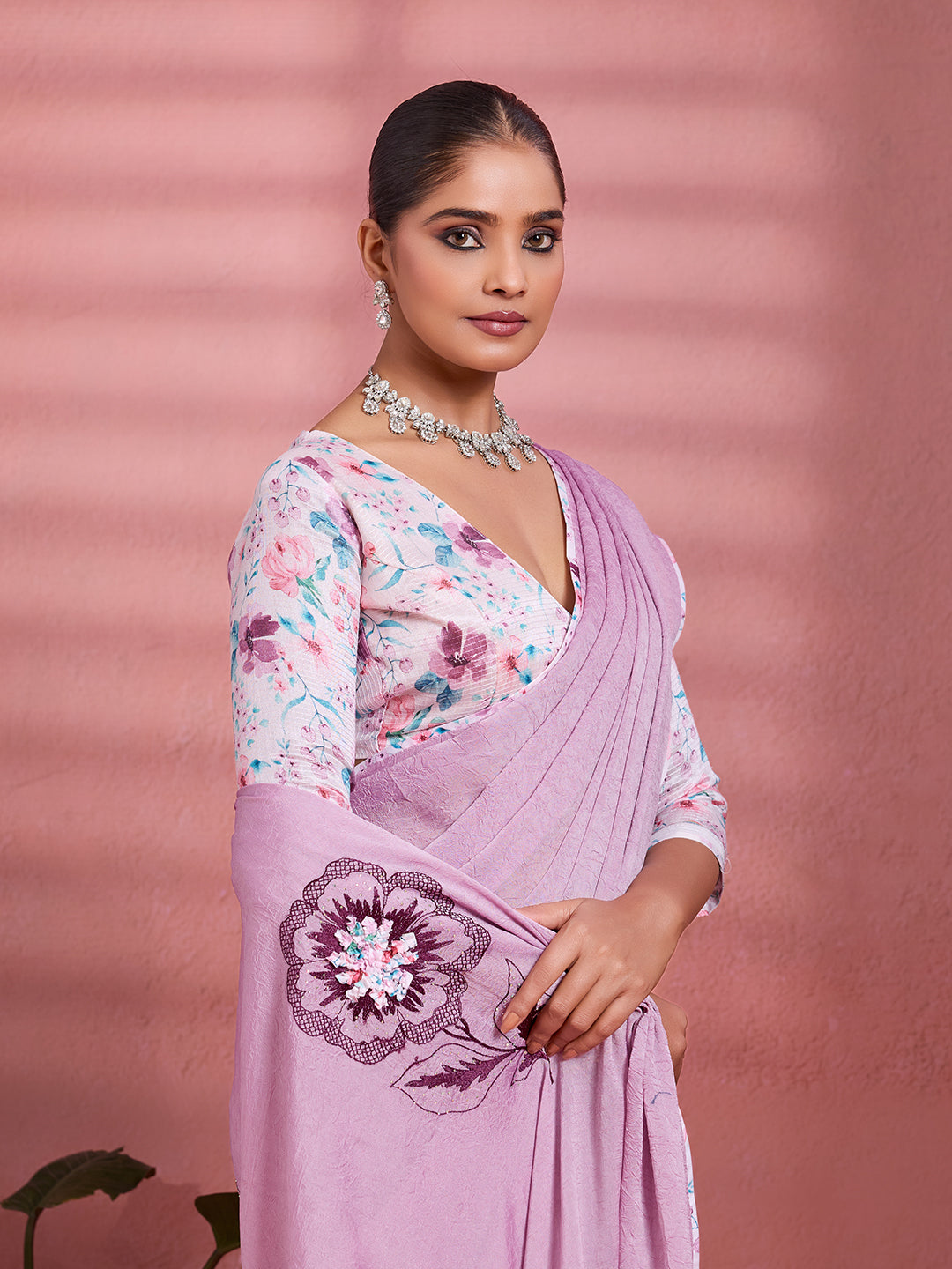 Lavender Georgette Floral Printed Saree