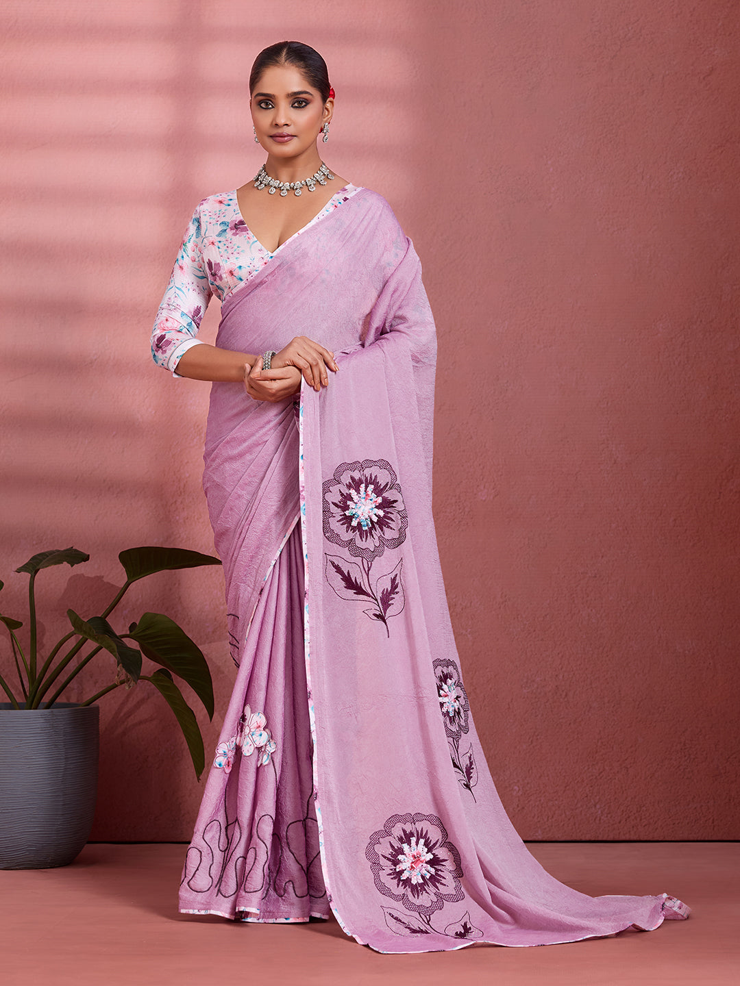 Lavender Georgette Floral Printed Saree sedora couture