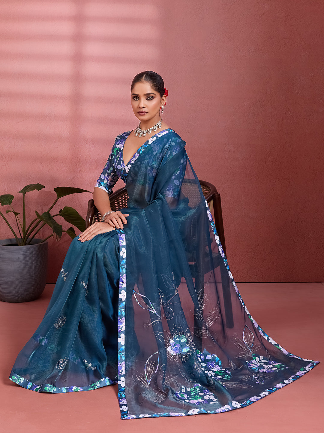 Navy Blue Silk Floral Printed Saree sedora couture
