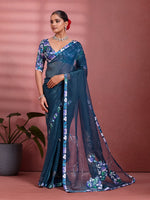 Navy Blue Silk Floral Printed Saree sedora couture