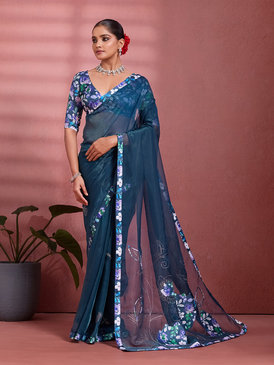 Navy Blue Silk Floral Printed Saree