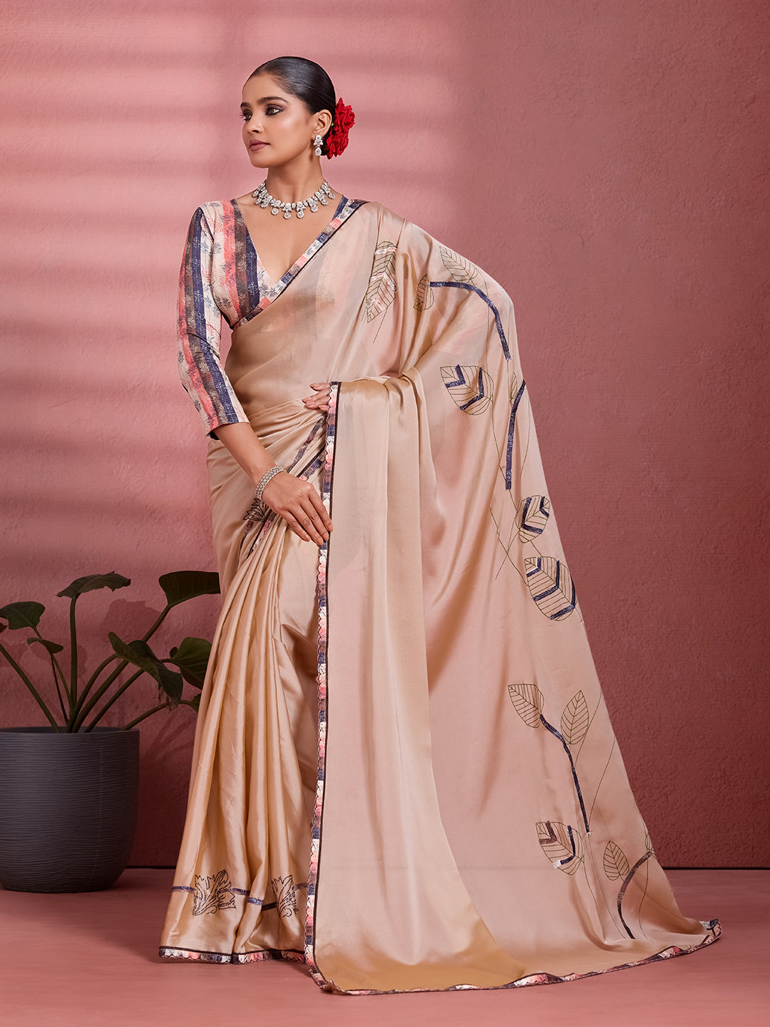 Beige Crepe Floral Printed Saree