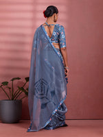 Charcoal Silk Floral Printed Saree sedora couture