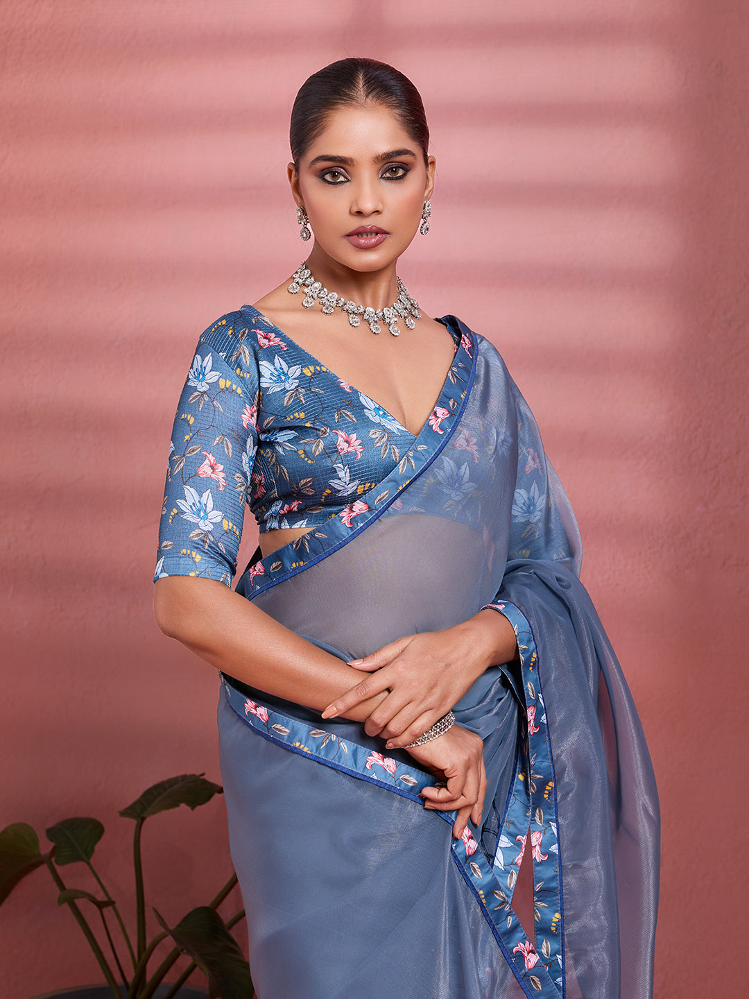 Charcoal Silk Floral Printed Saree