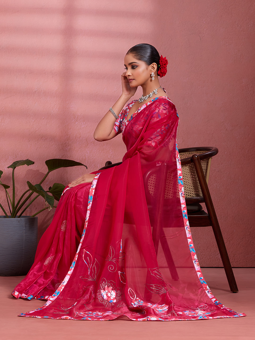 Red Silk Floral Printed Saree