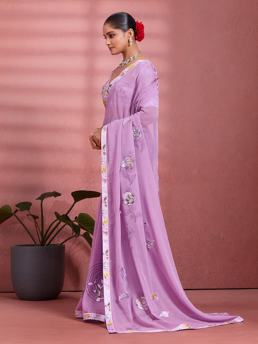 Lavender Georgette Floral Printed Saree