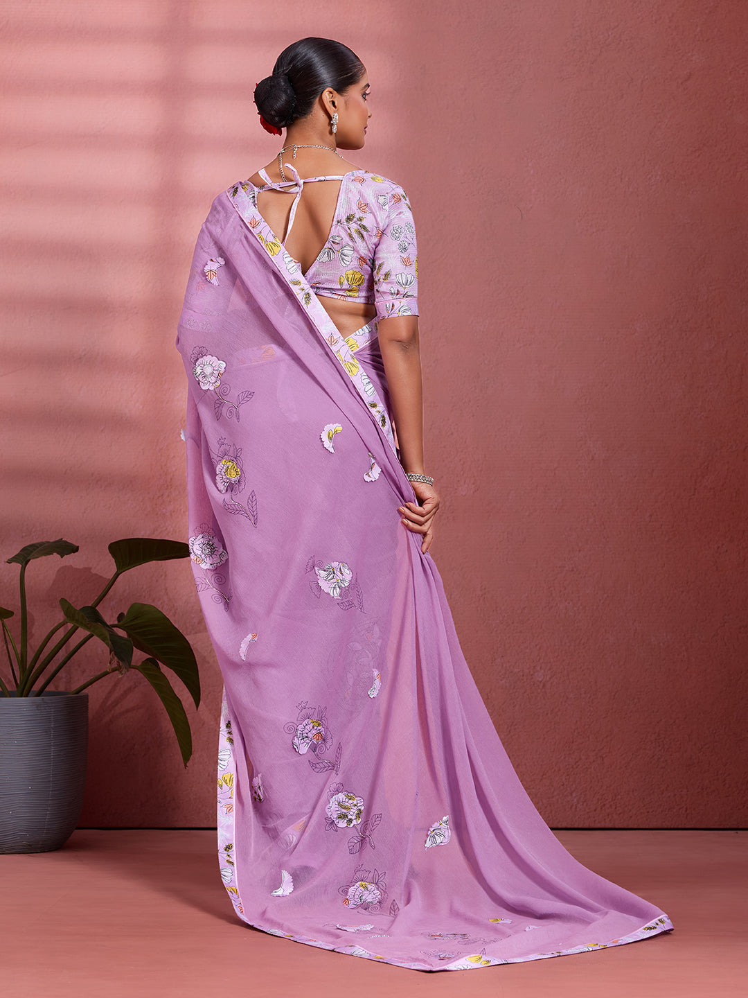 Lavender Georgette Floral Printed Saree