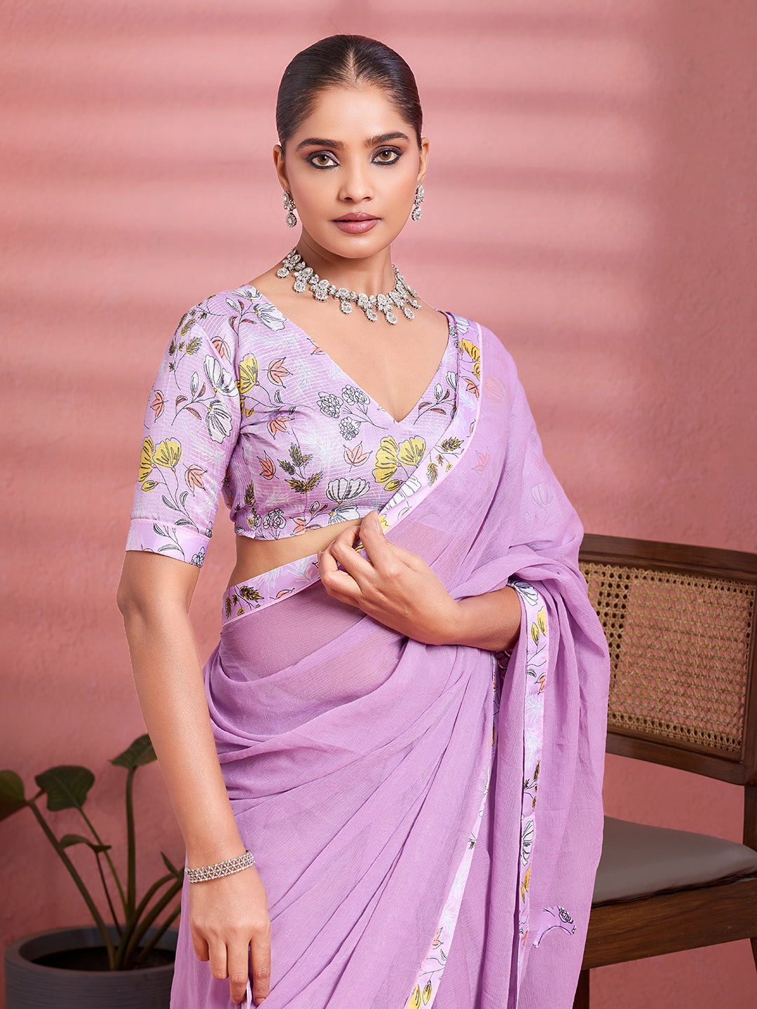 Lavender Georgette Floral Printed Saree