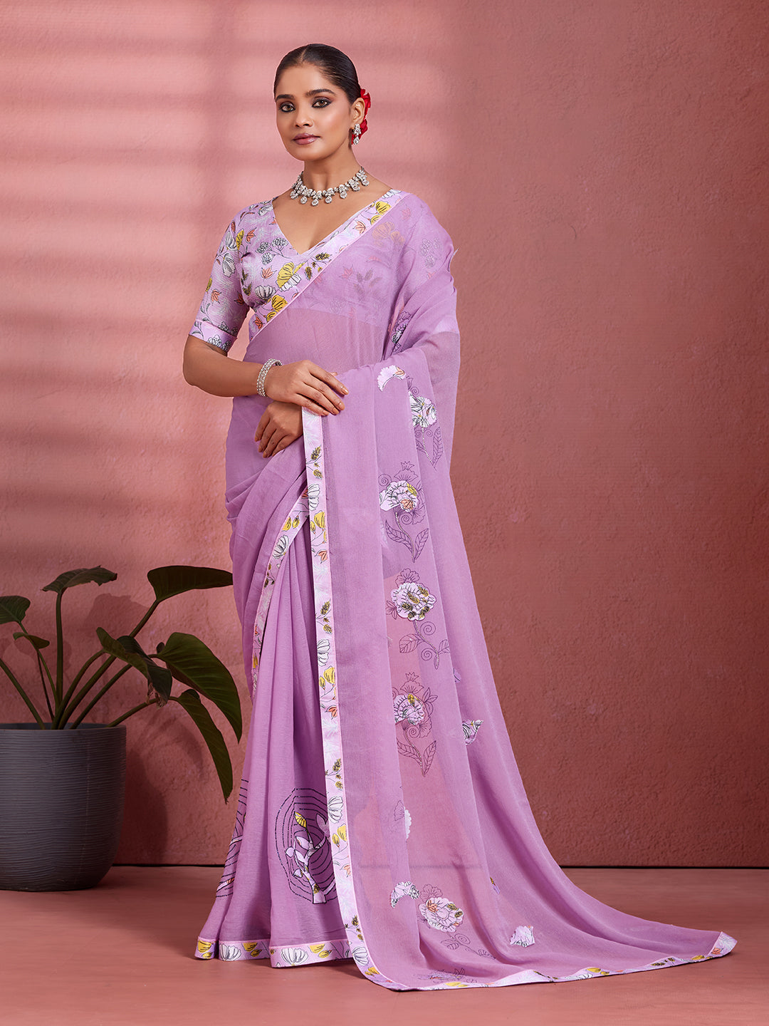 Lavender Georgette Floral Printed Saree
