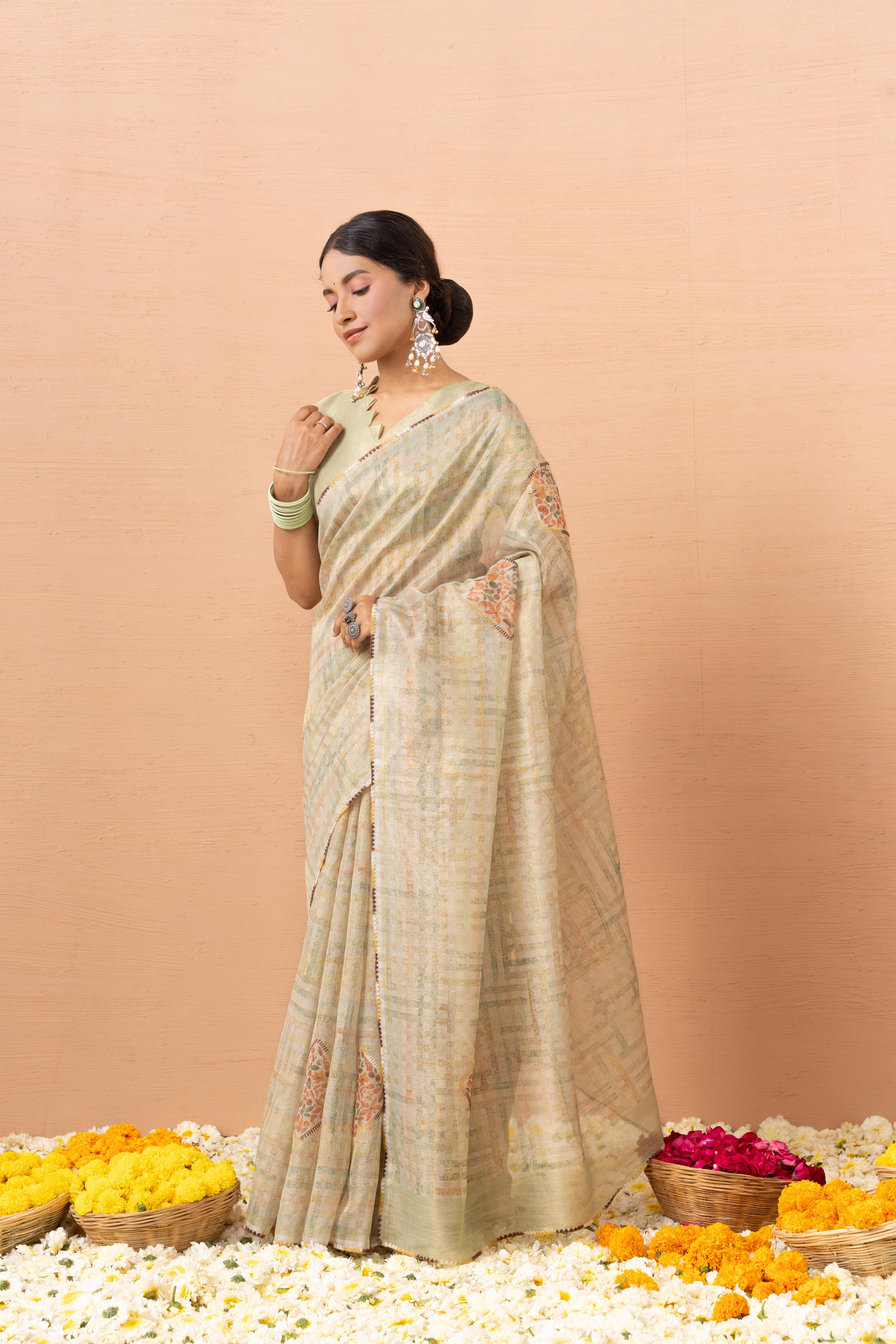 Pista Tissue Saree With Embroidery Boota