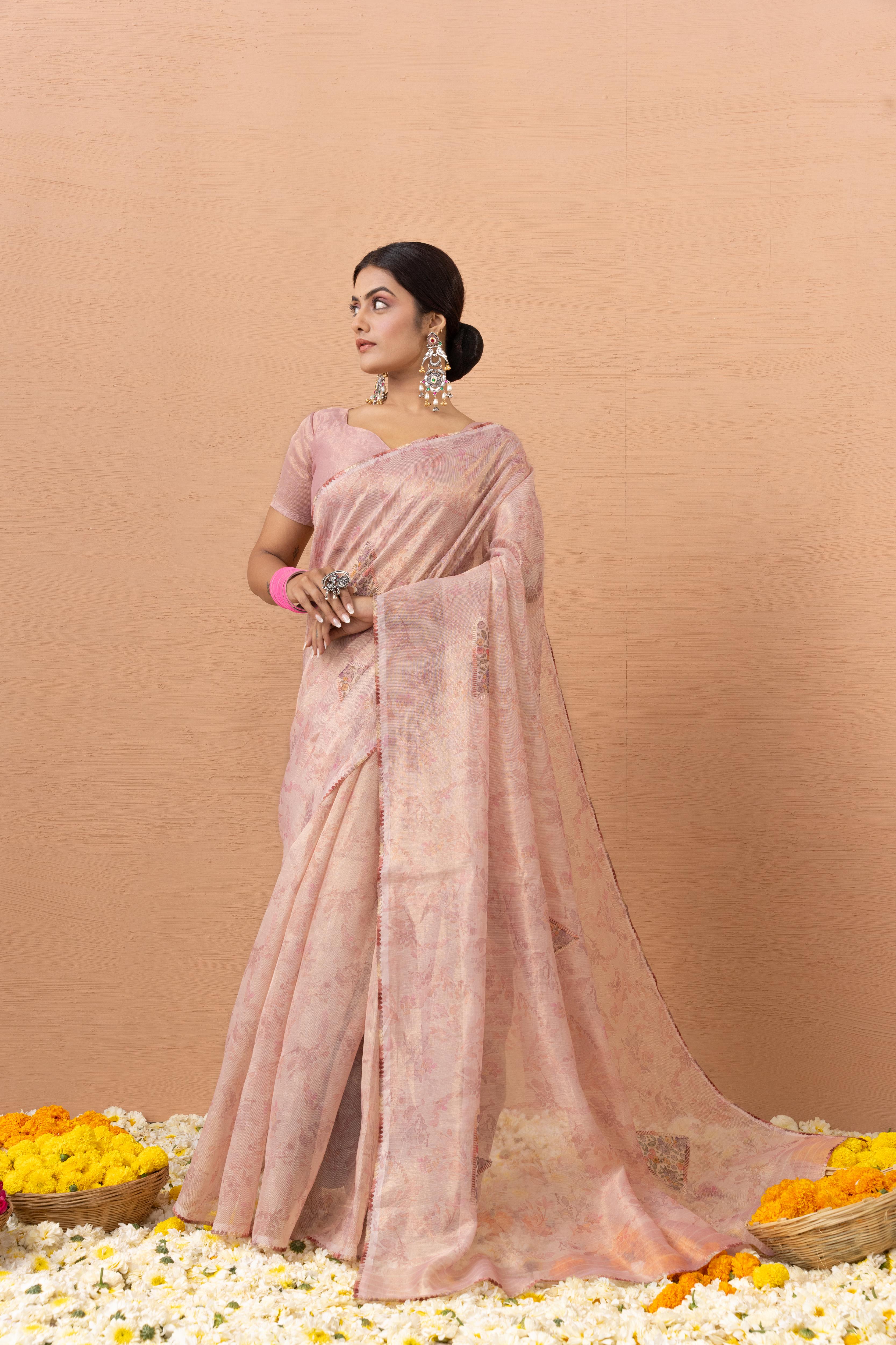 Peach Tissue Saree With Embroidery Boota