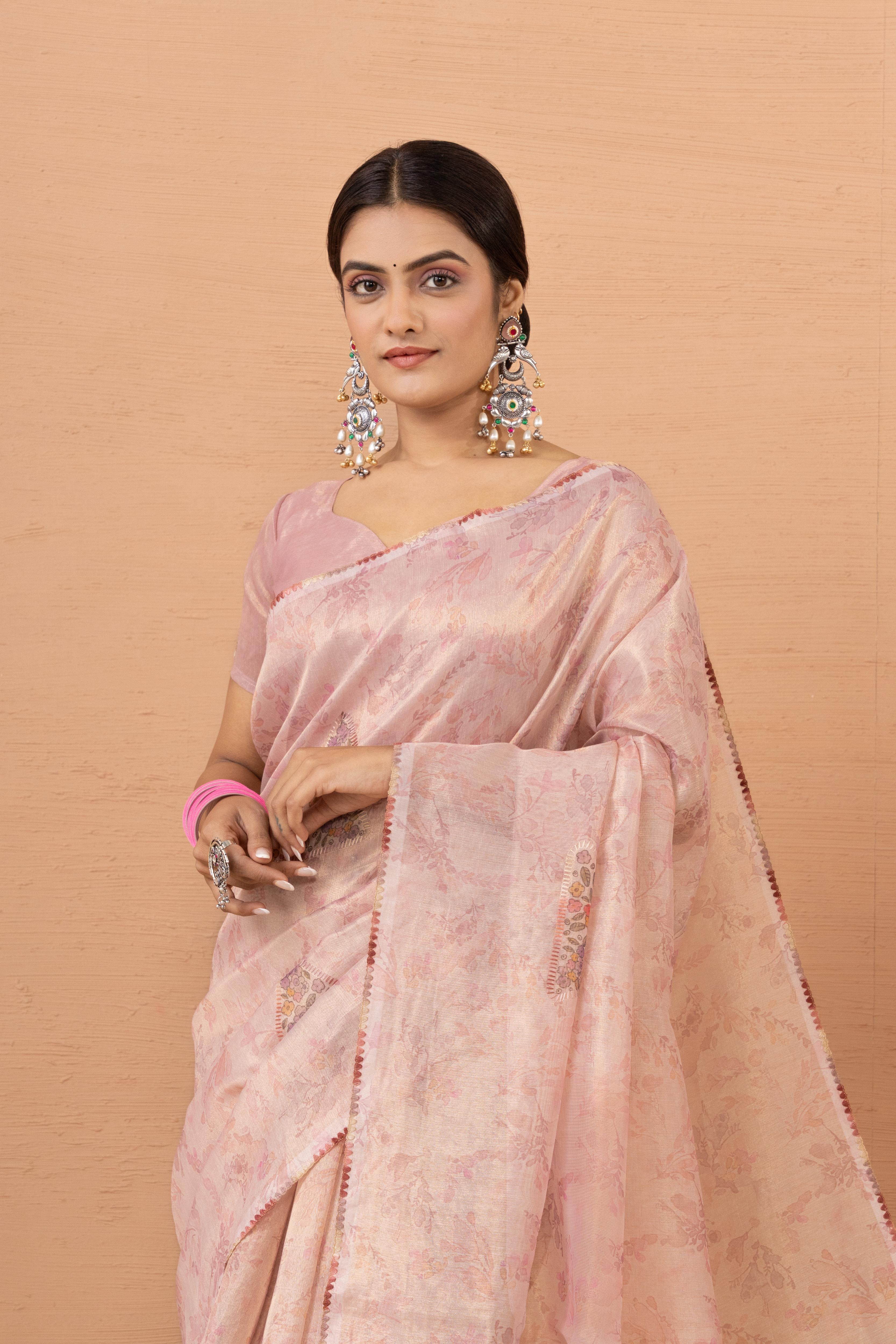 Peach Tissue Saree With Embroidery Boota