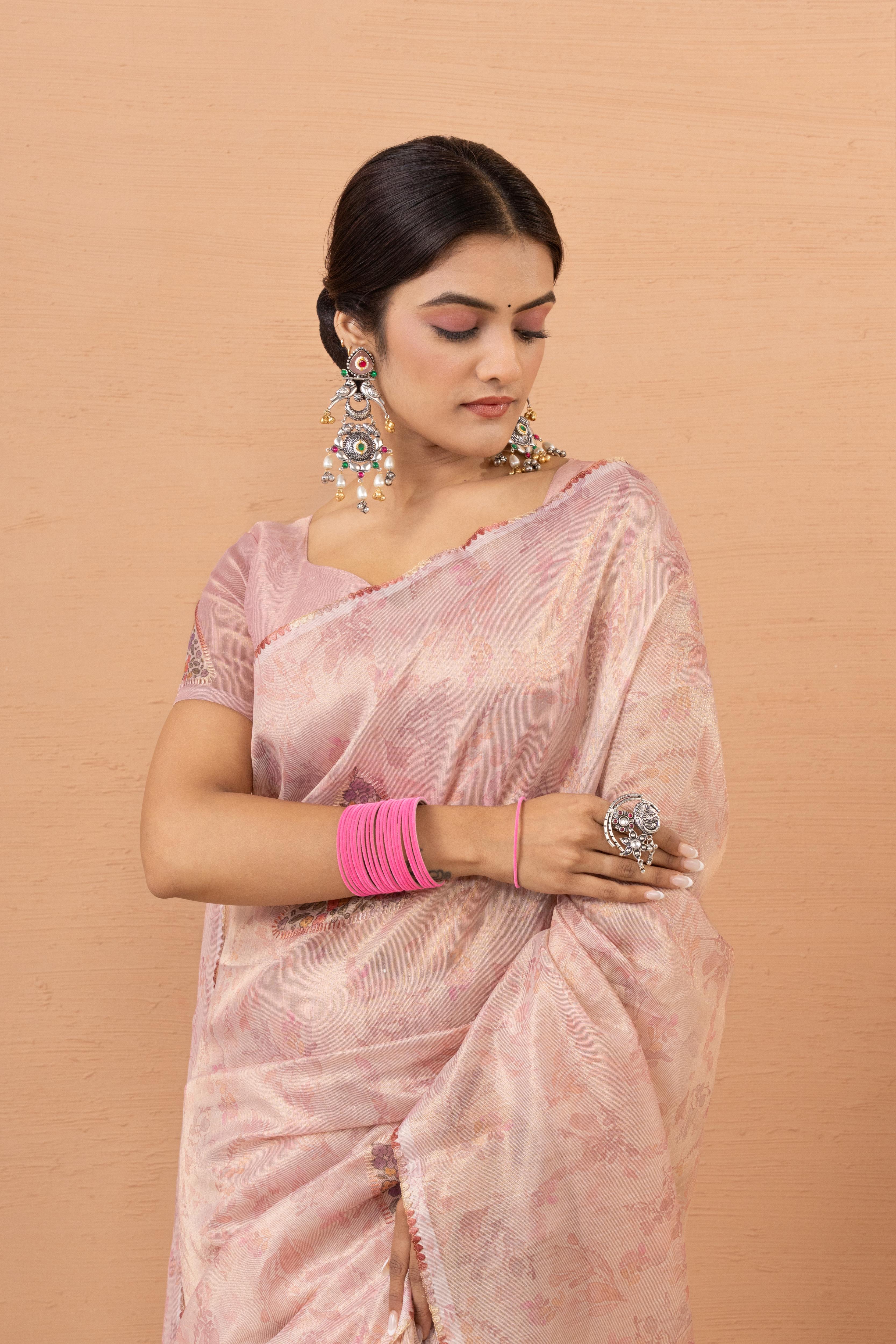 Peach Tissue Saree With Embroidery Boota