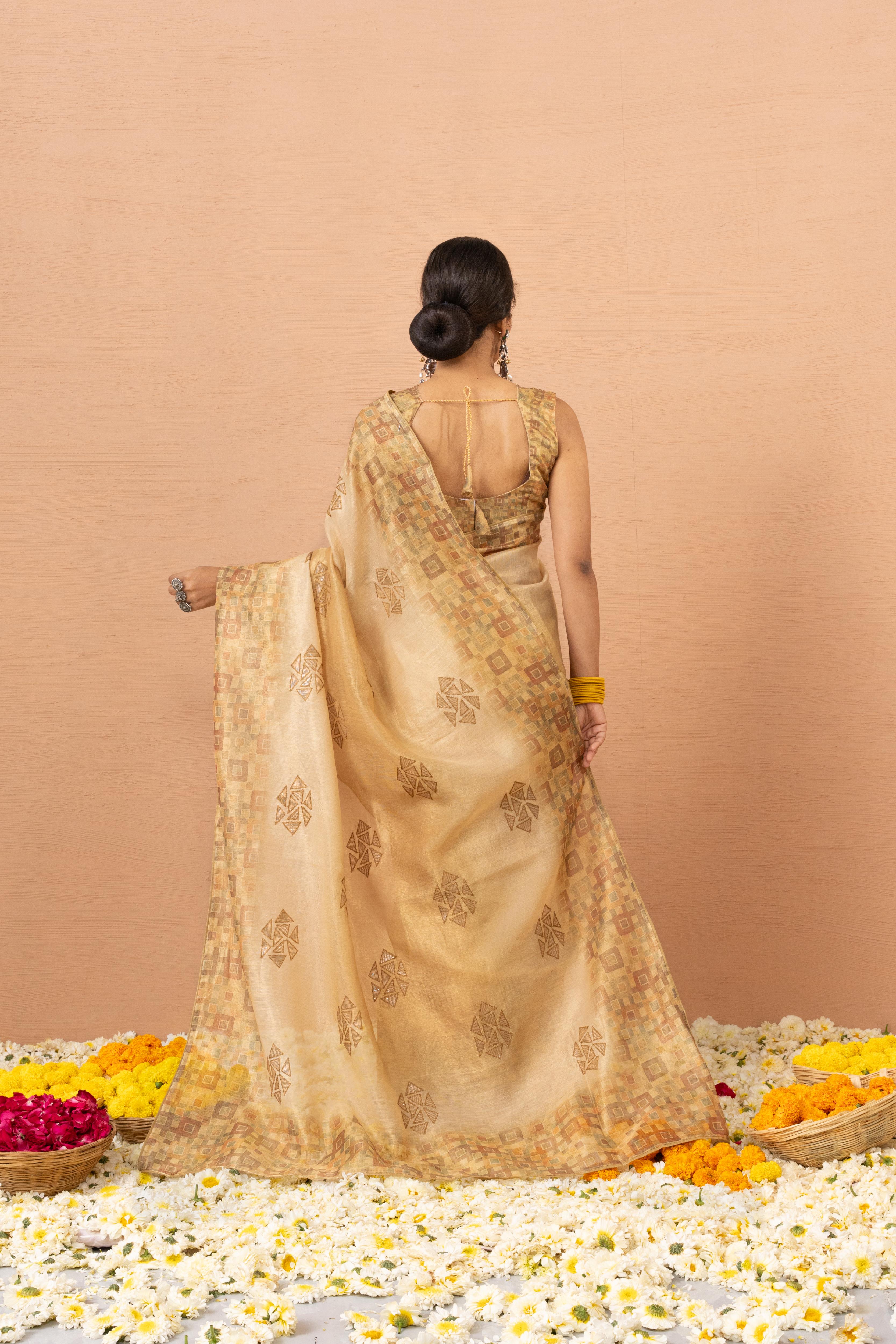 Yellow Tissue Saree With Embroidery Boota