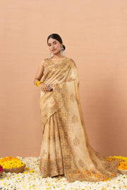 Yellow Tissue Saree With Embroidery Boota