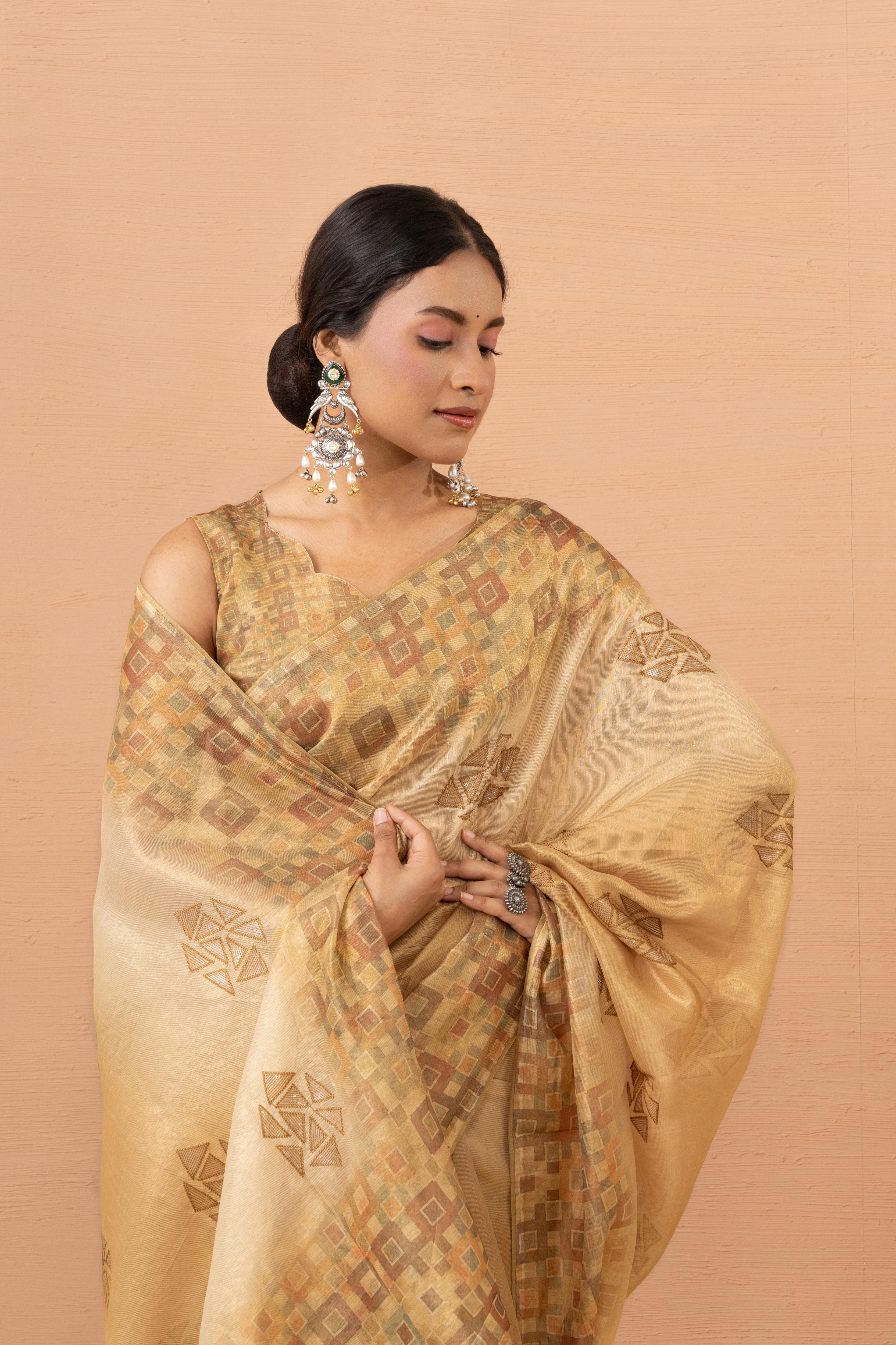 Yellow Tissue Saree With Embroidery Boota