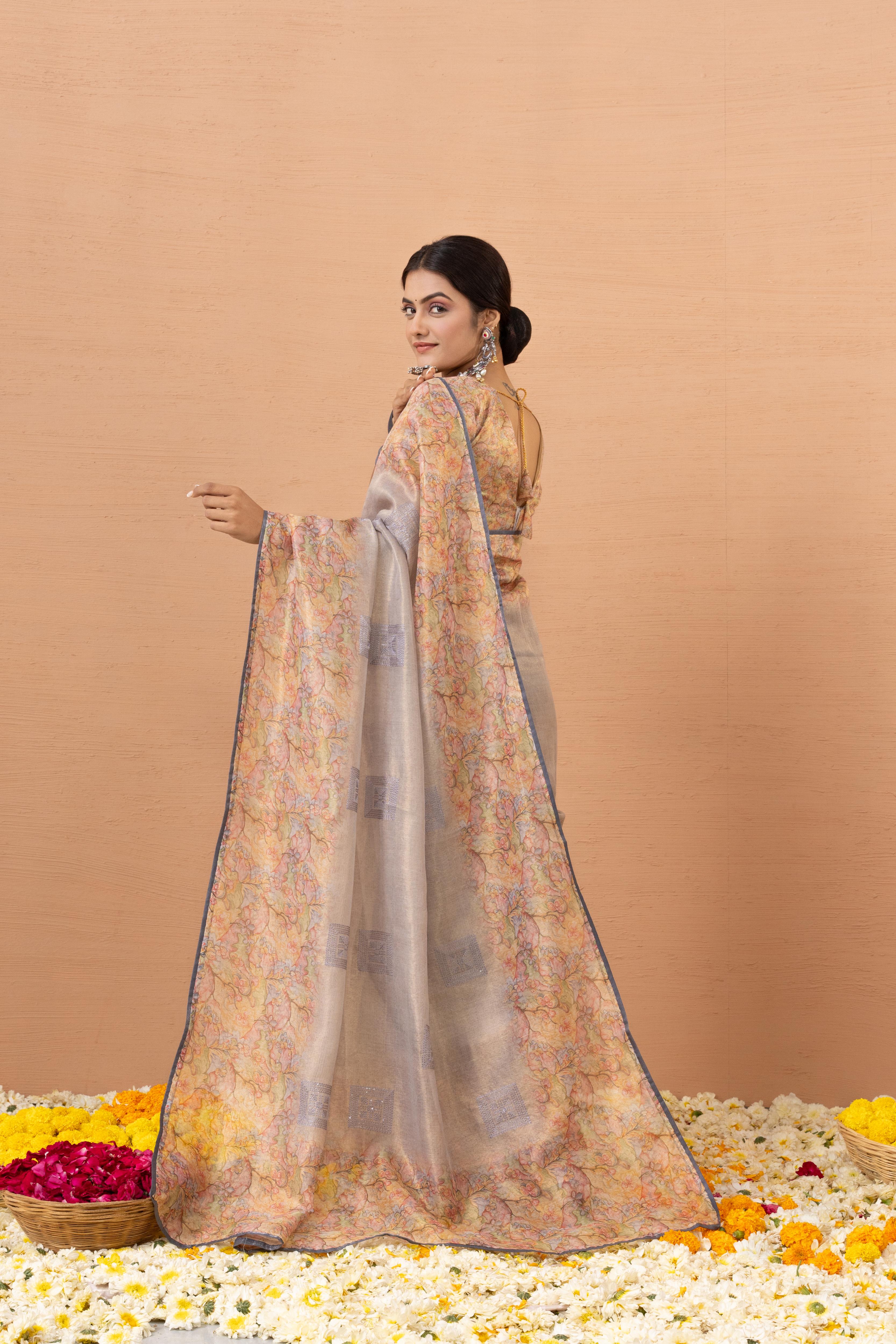 Grey Tissue Saree With Embroidery Boota