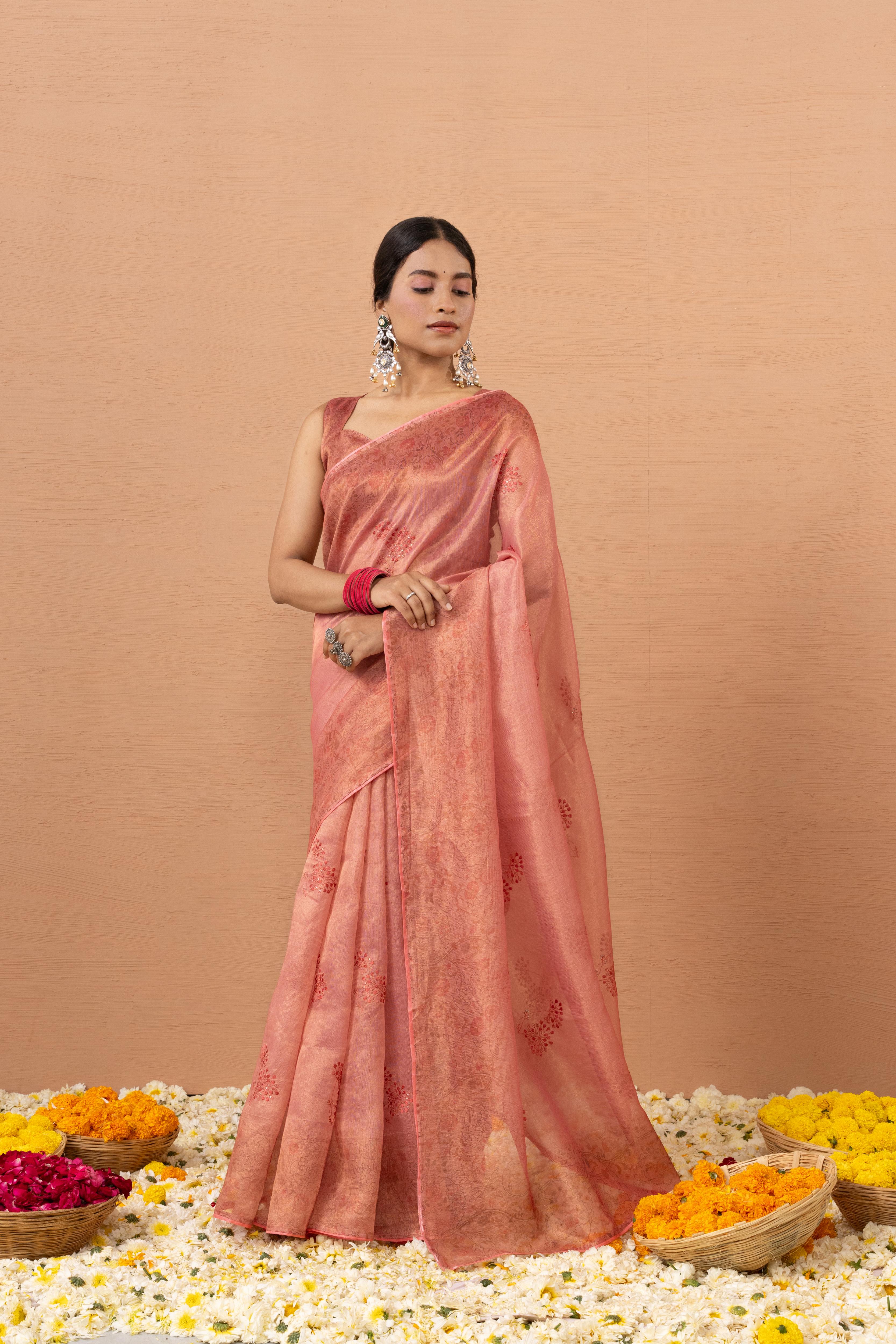 Pink Tissue Saree With Embroidery Boota