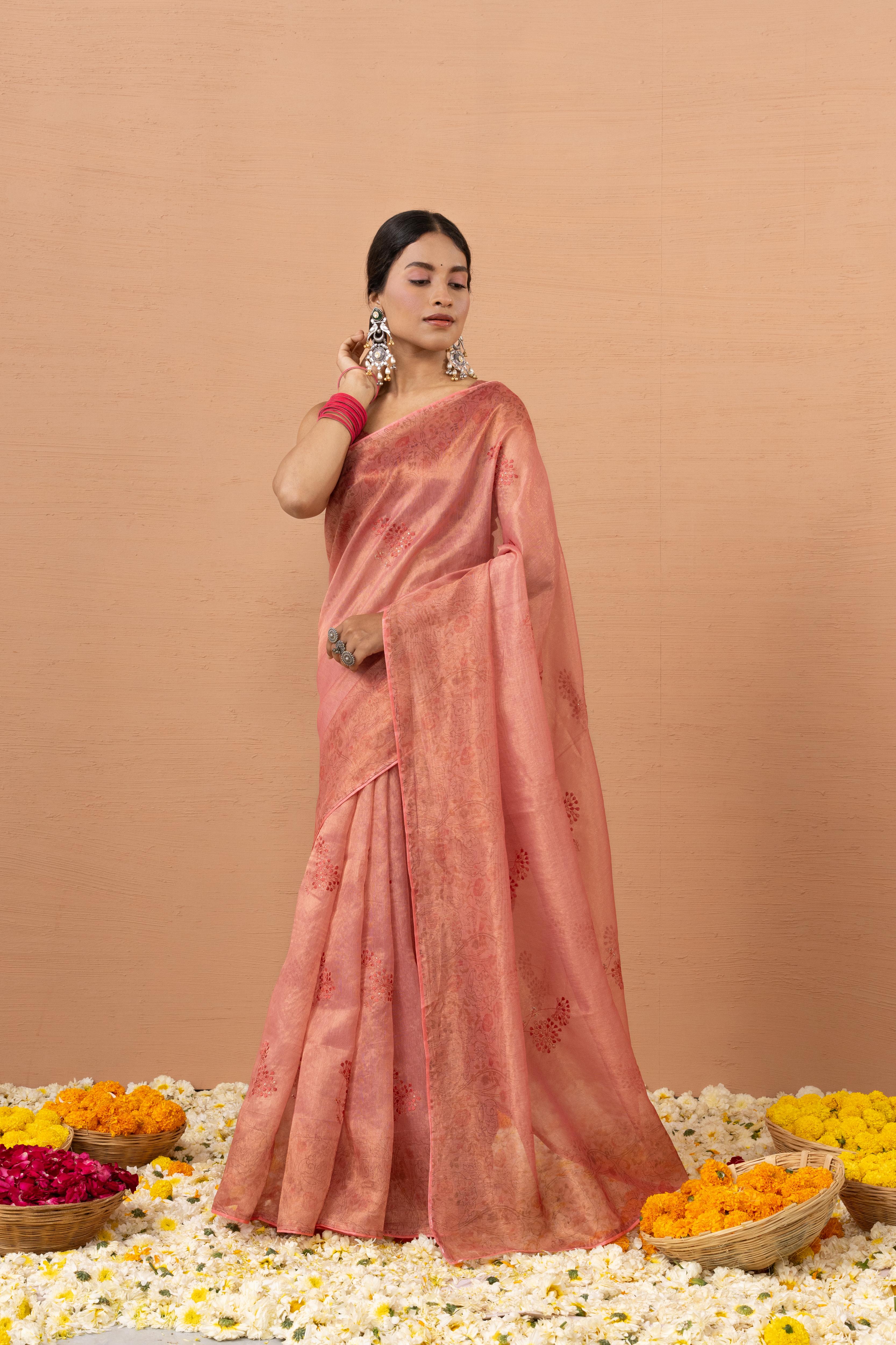 Pink Tissue Saree With Embroidery Boota
