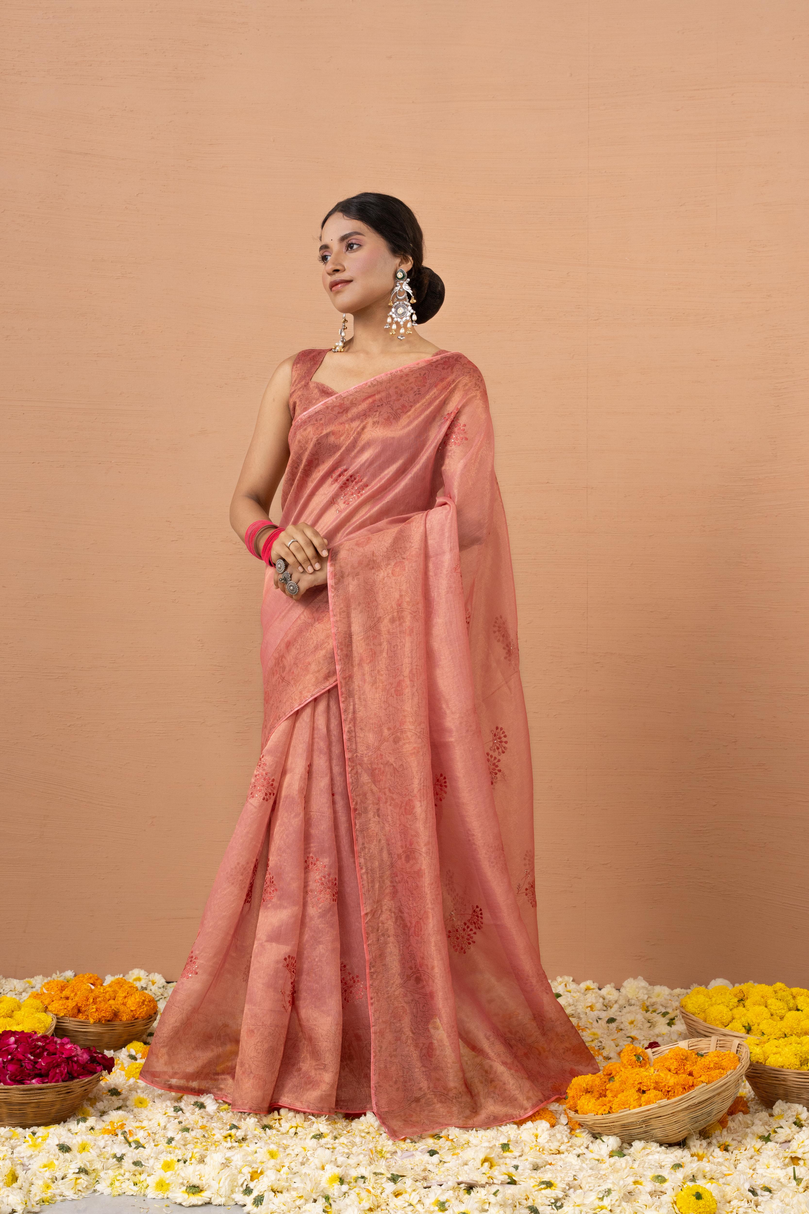 Pink Tissue Saree With Embroidery Boota