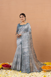 Grey Silk Saree With Digital Print And Embroidery